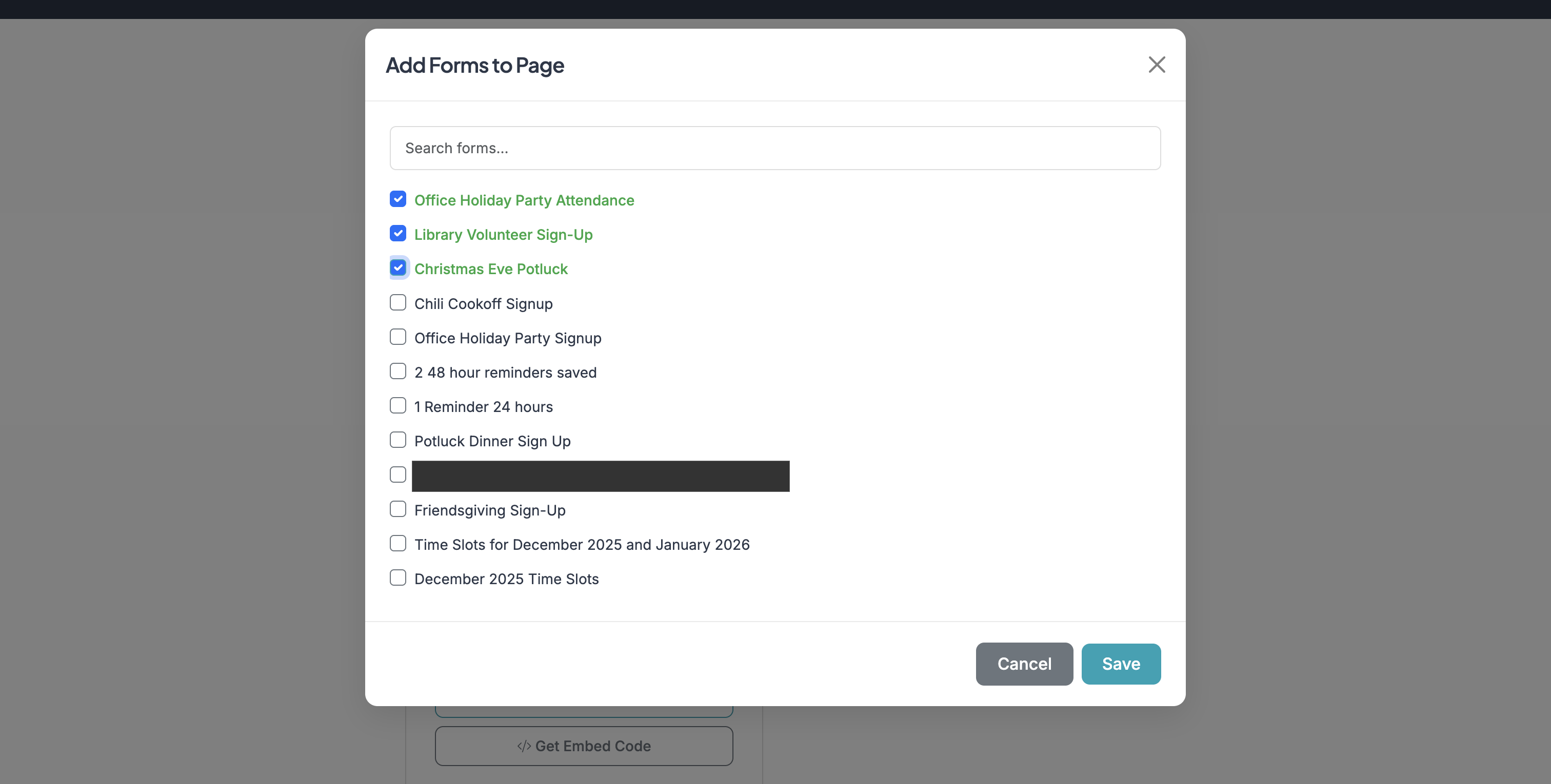 Screenshot showing Click 'Add Forms' to add forms to your page. This will provide a list of forms from your account that you can add to a Page.