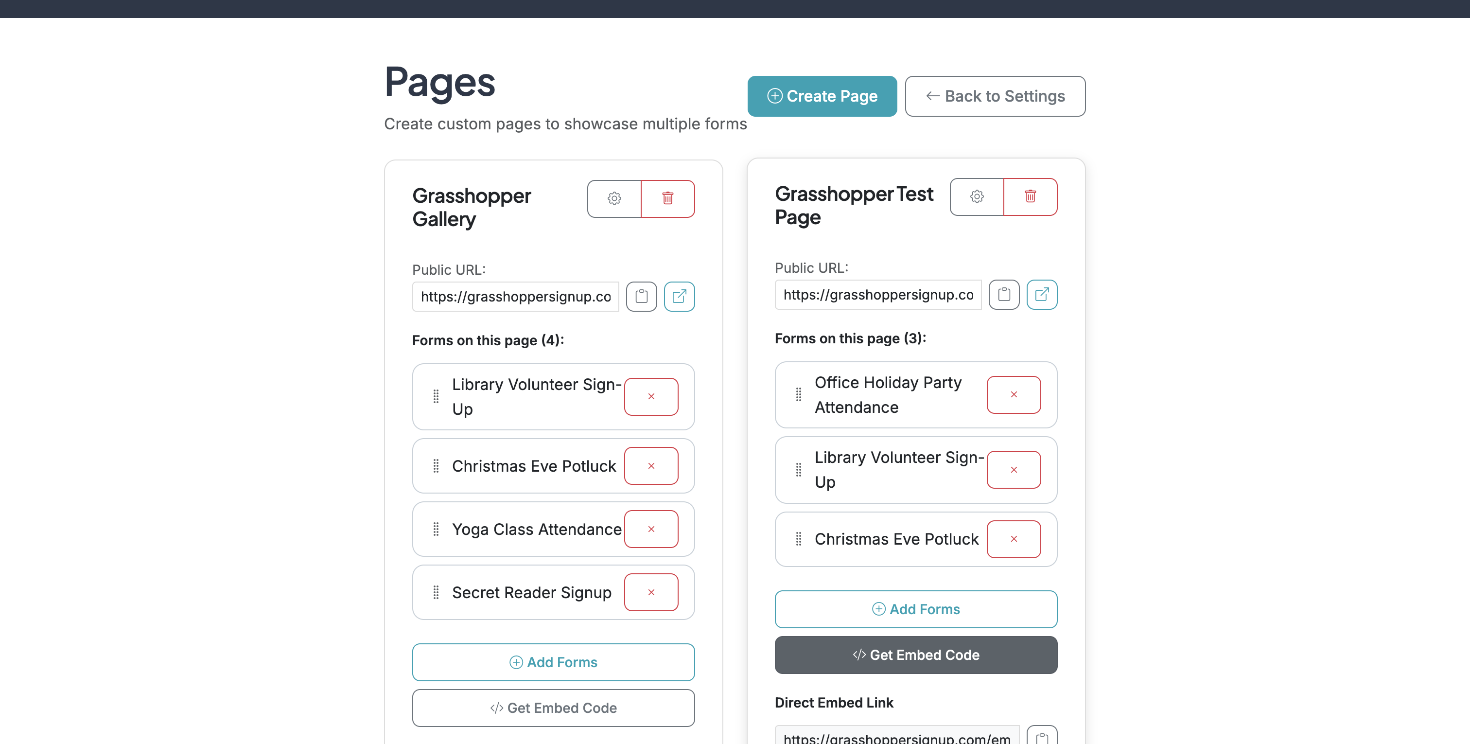 Screenshot showing After you add forms, you can copy a link to your page or get the embed code for your page to embed in a website.