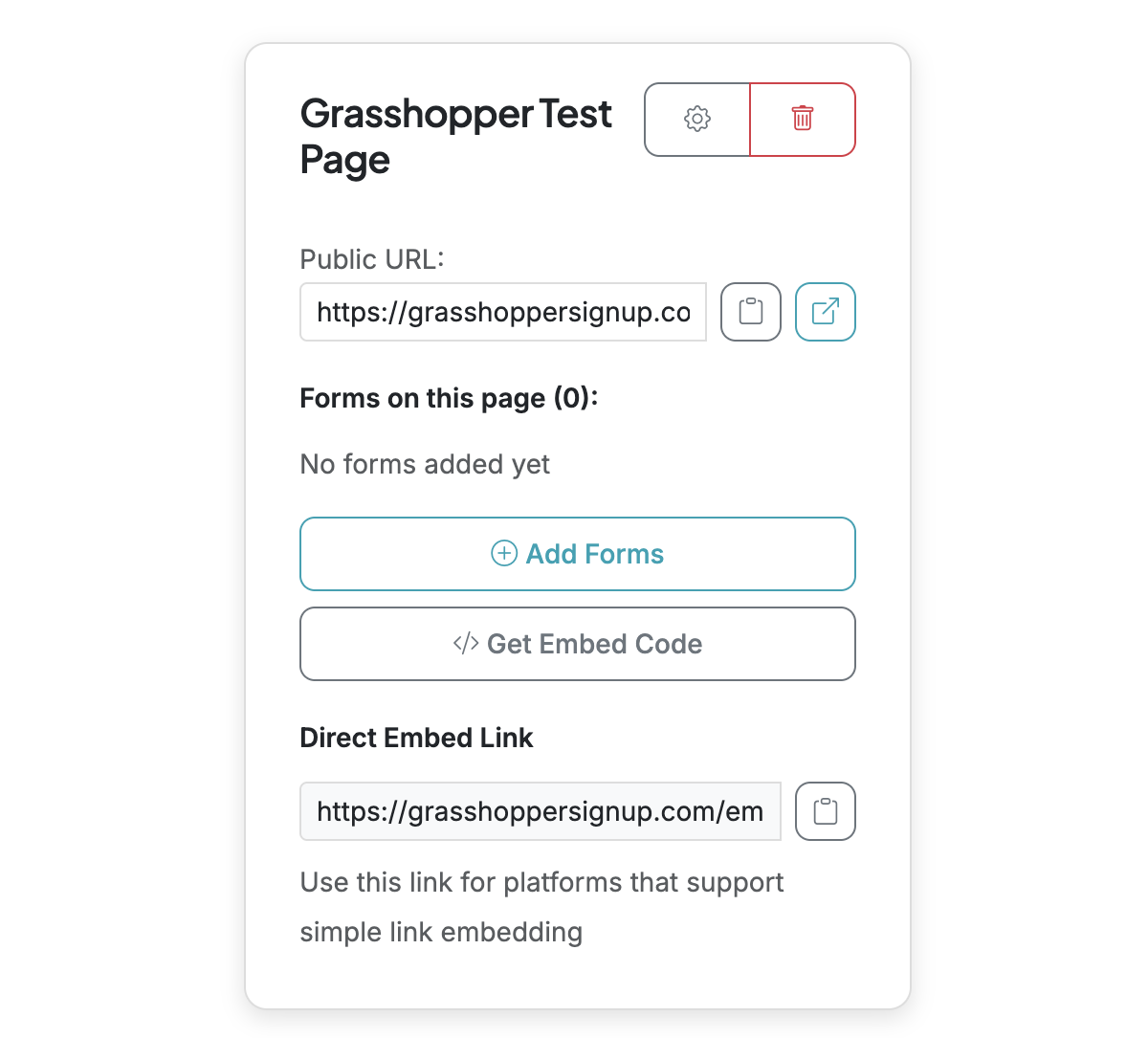 Screenshot showing When you create a new page, you have various options to configure the page, add forms, and share the page.