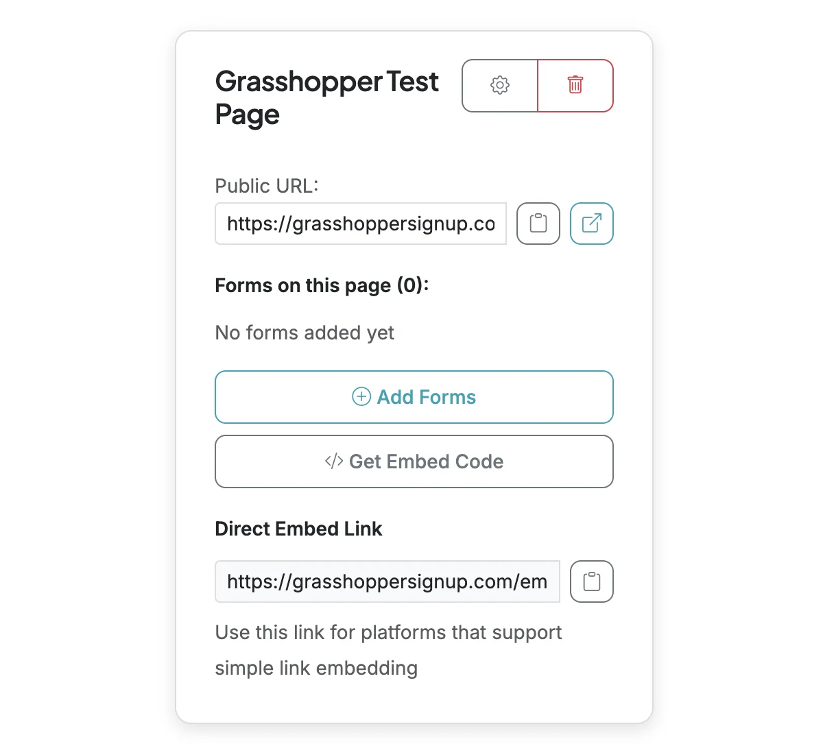 Screenshot showing When you create a new page, you have various options to configure the page, add forms, and share the page.