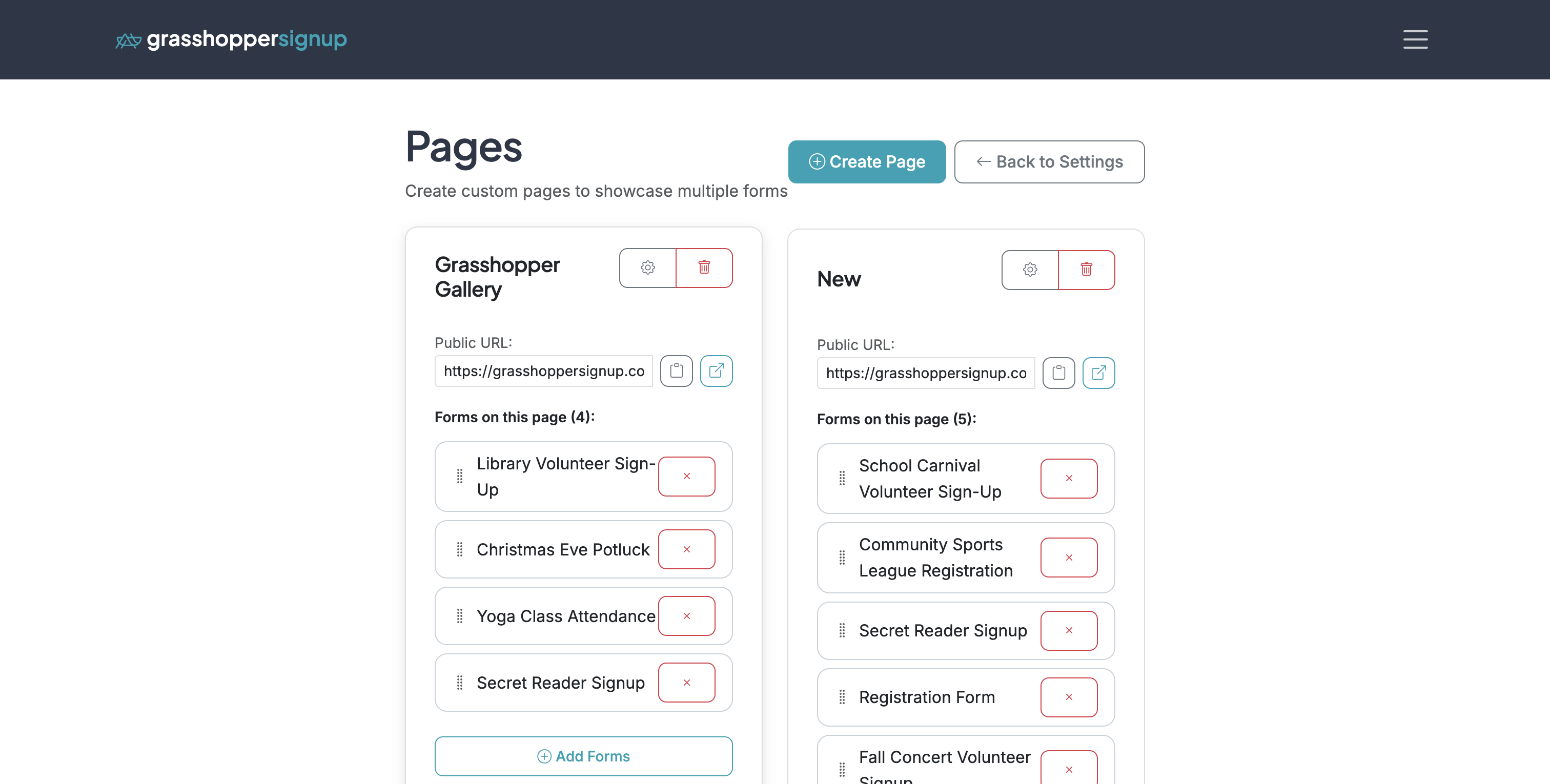 Screenshot showing On Pages, you can manage existing Pages or create a new Page.
