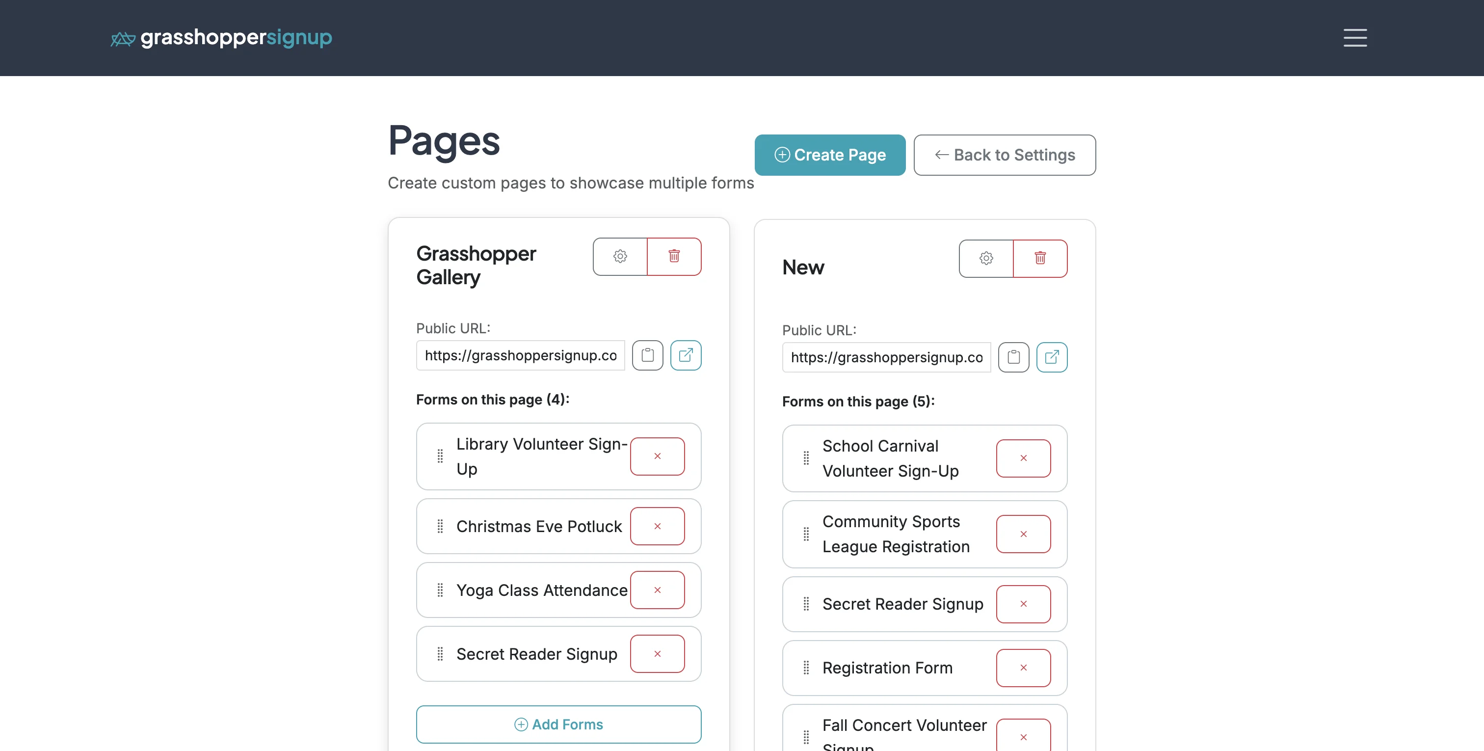 Screenshot showing On Pages, you can manage existing Pages or create a new Page.