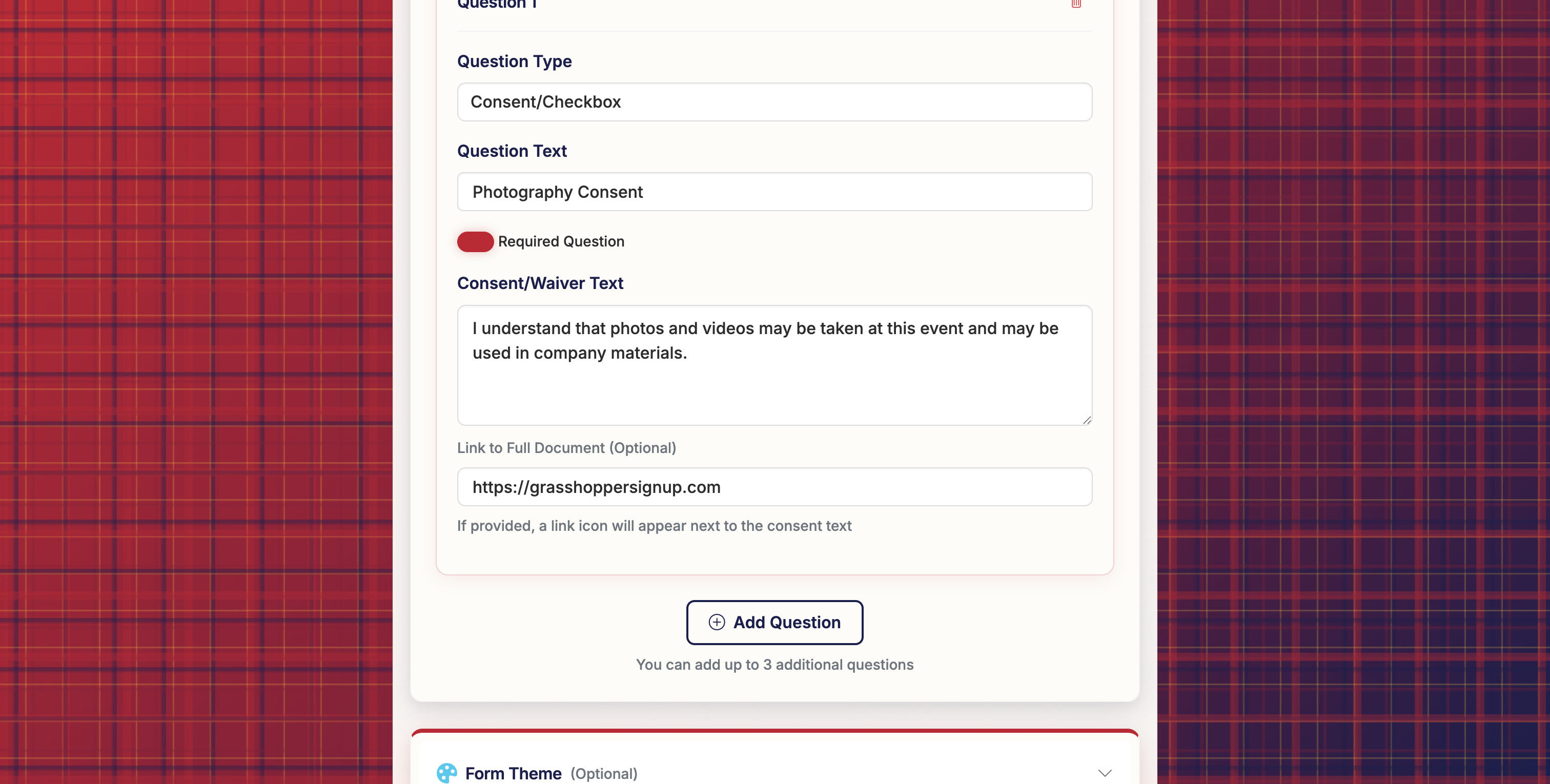 Screenshot showing The Consent/Checkbox question type allows you to add consent/waiver text and you can also include a link. You can set the checkbox to be required to submit the form.