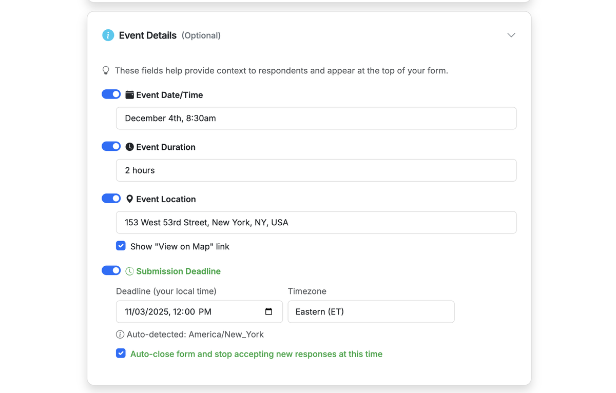 Screenshot showing Expand the 'Event Details' section. Enable 'Submission Deadline' and provide a date and time. If you want your form to stop accepting responses after the submission deadline, check the 'Auto-close ...' checkbox.