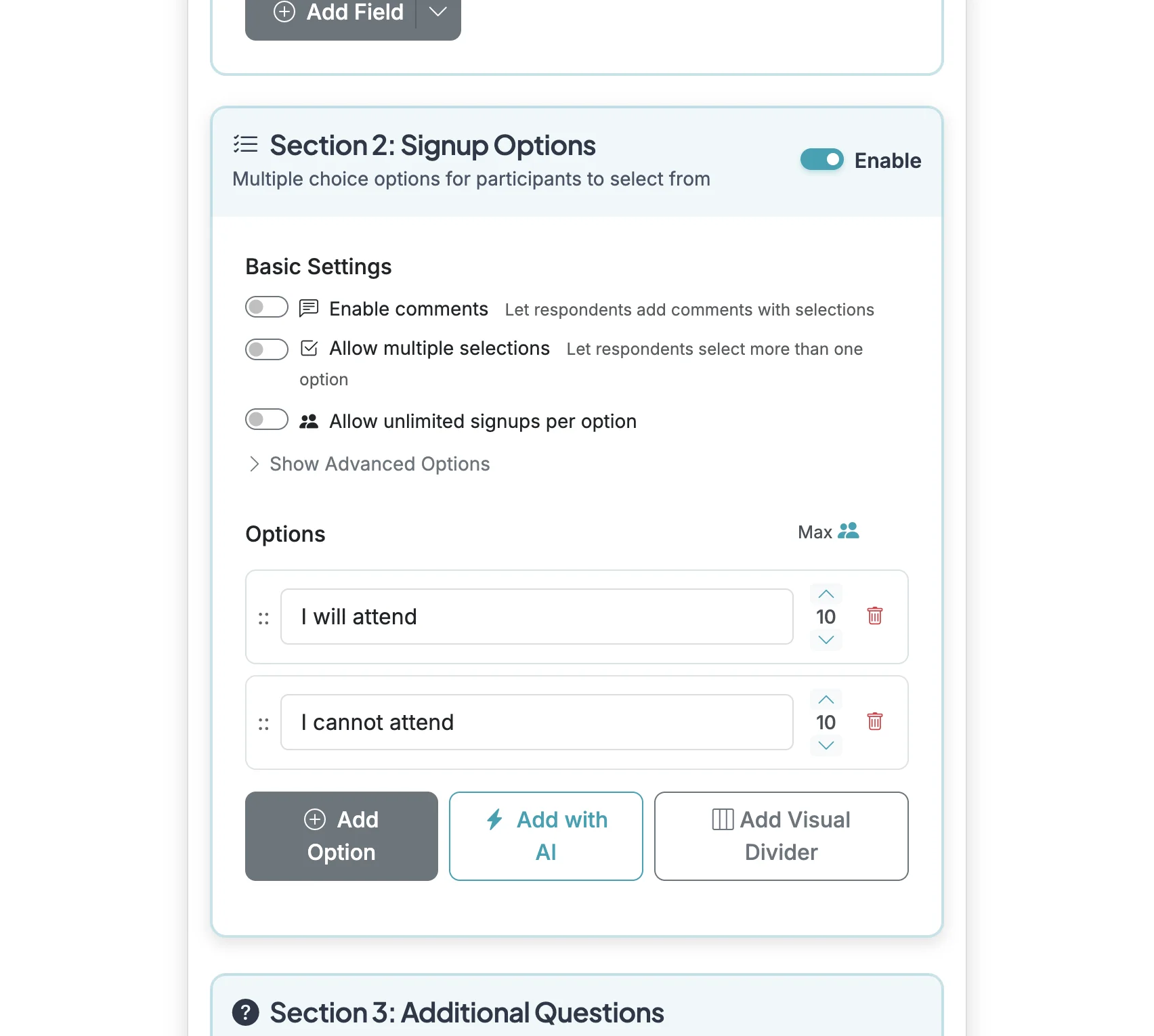 Screenshot showing You can change max responses to a different number if you want to limit the number of sign ups for your options.
