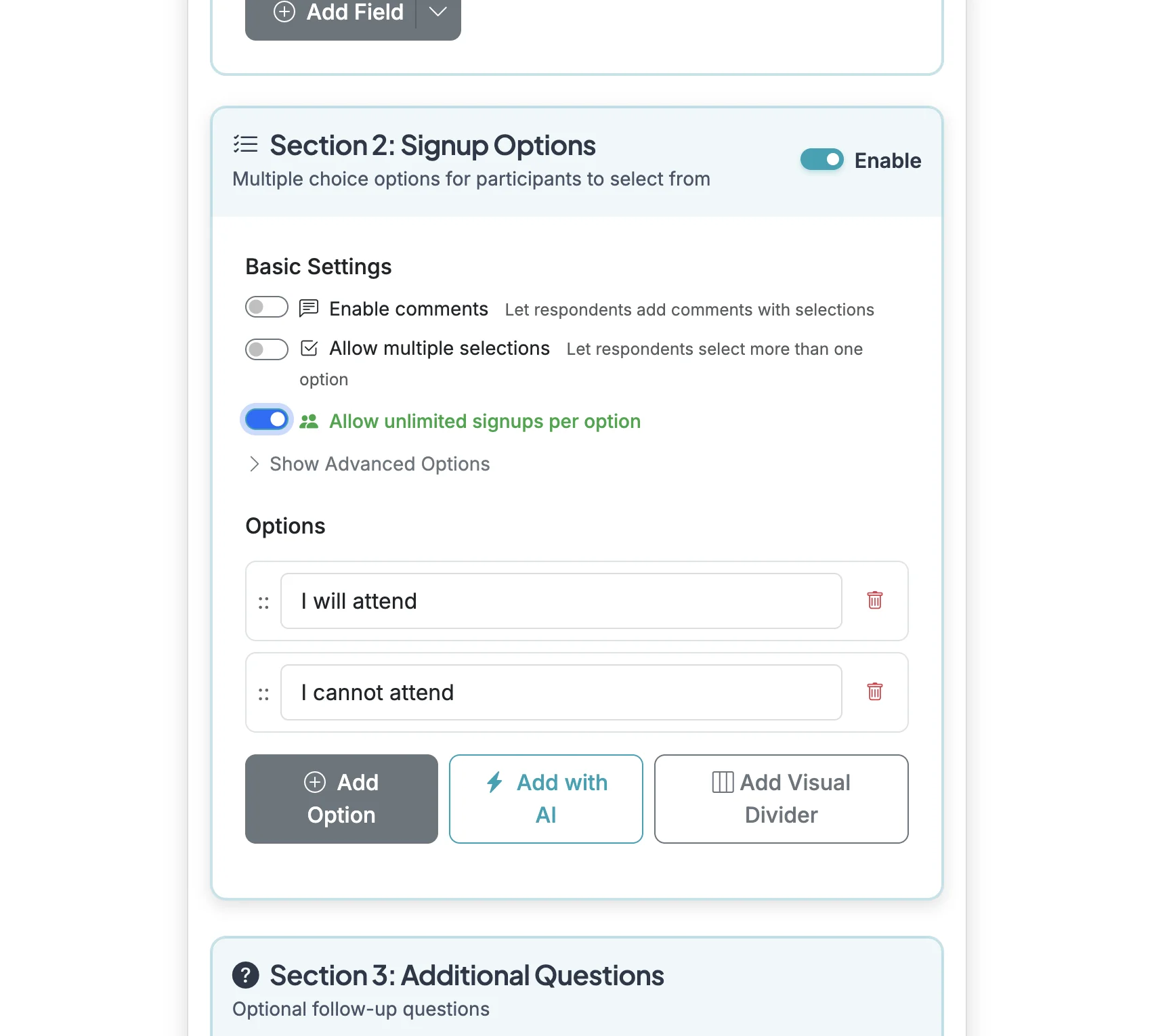 Screenshot showing To remove limits from your options, enable 'Allow unlimited signups per option' in the Basic Settings.