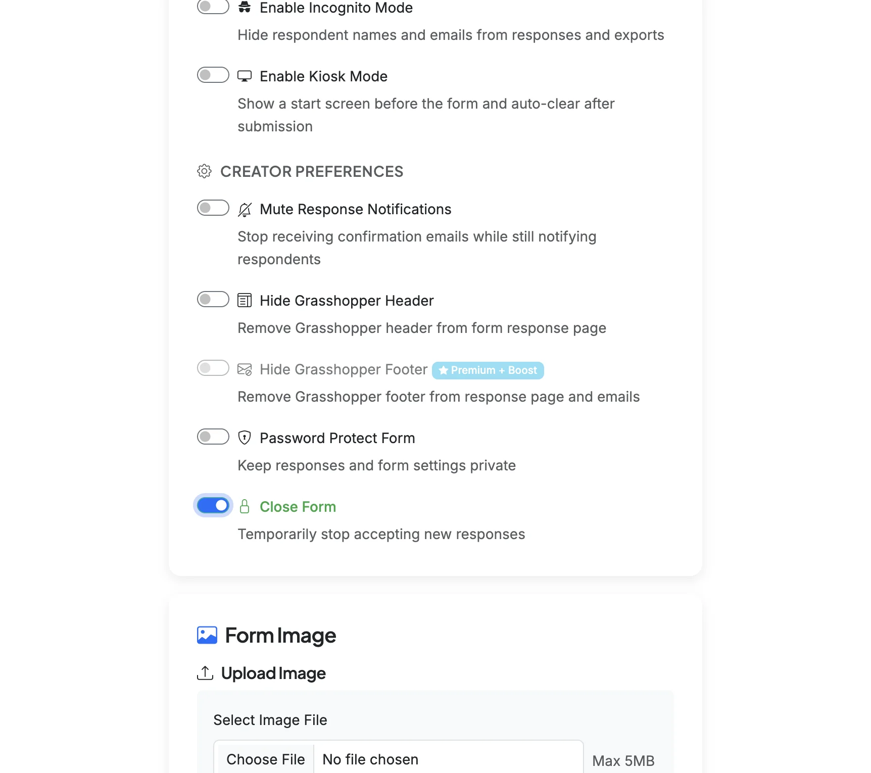 Screenshot showing Scroll down to Form Settings. The second sub-section is 'Creator Preferences'. The 'Close Form' option is located at the bottom of this section.