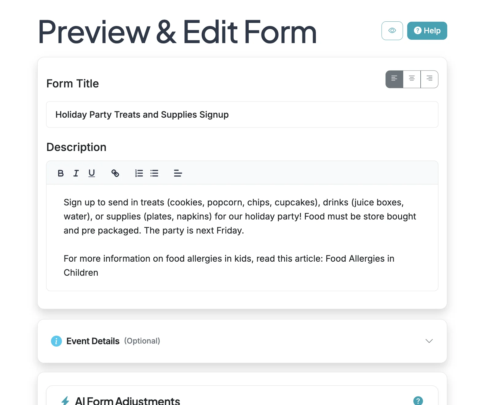 Screenshot showing Start on the Edit page for your form.