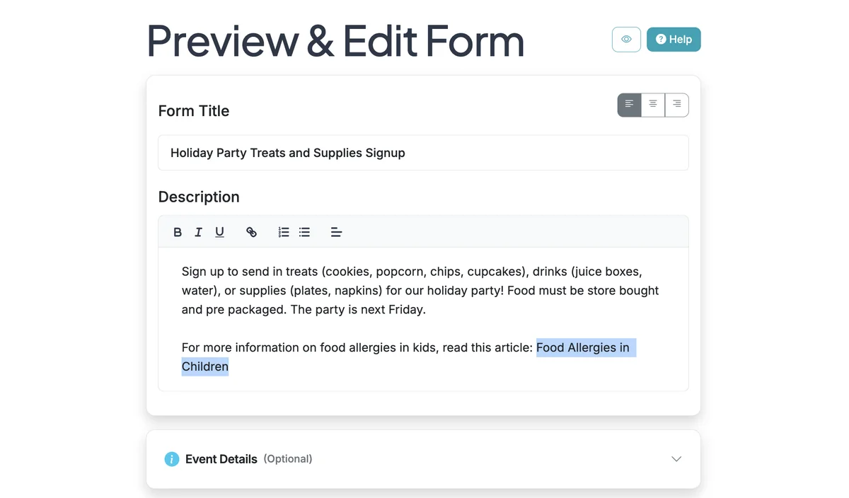 Screenshot showing Highlight the text you want to link. Then click the link icon in the text editor functions.