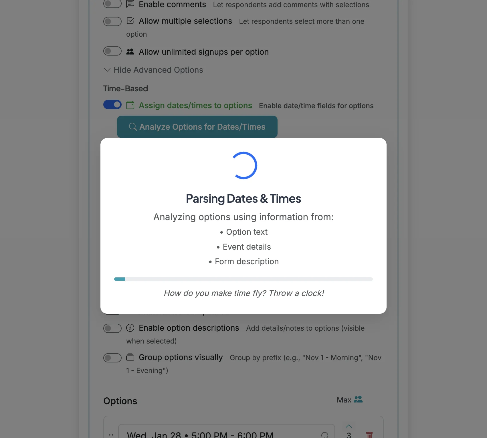 Screenshot showing The AI will then parse each option and set a date/time in the field added below each option to review for accuracy.