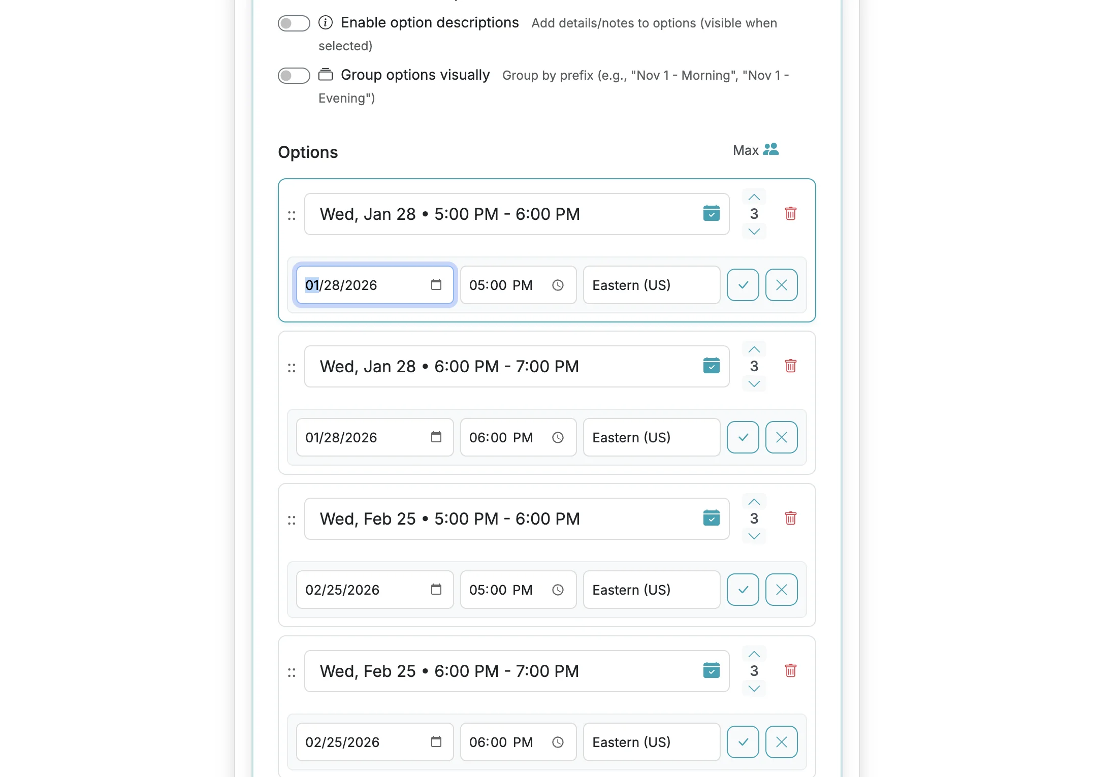 Screenshot showing Dates and times can be added or adjusted manually and then saved to the option.