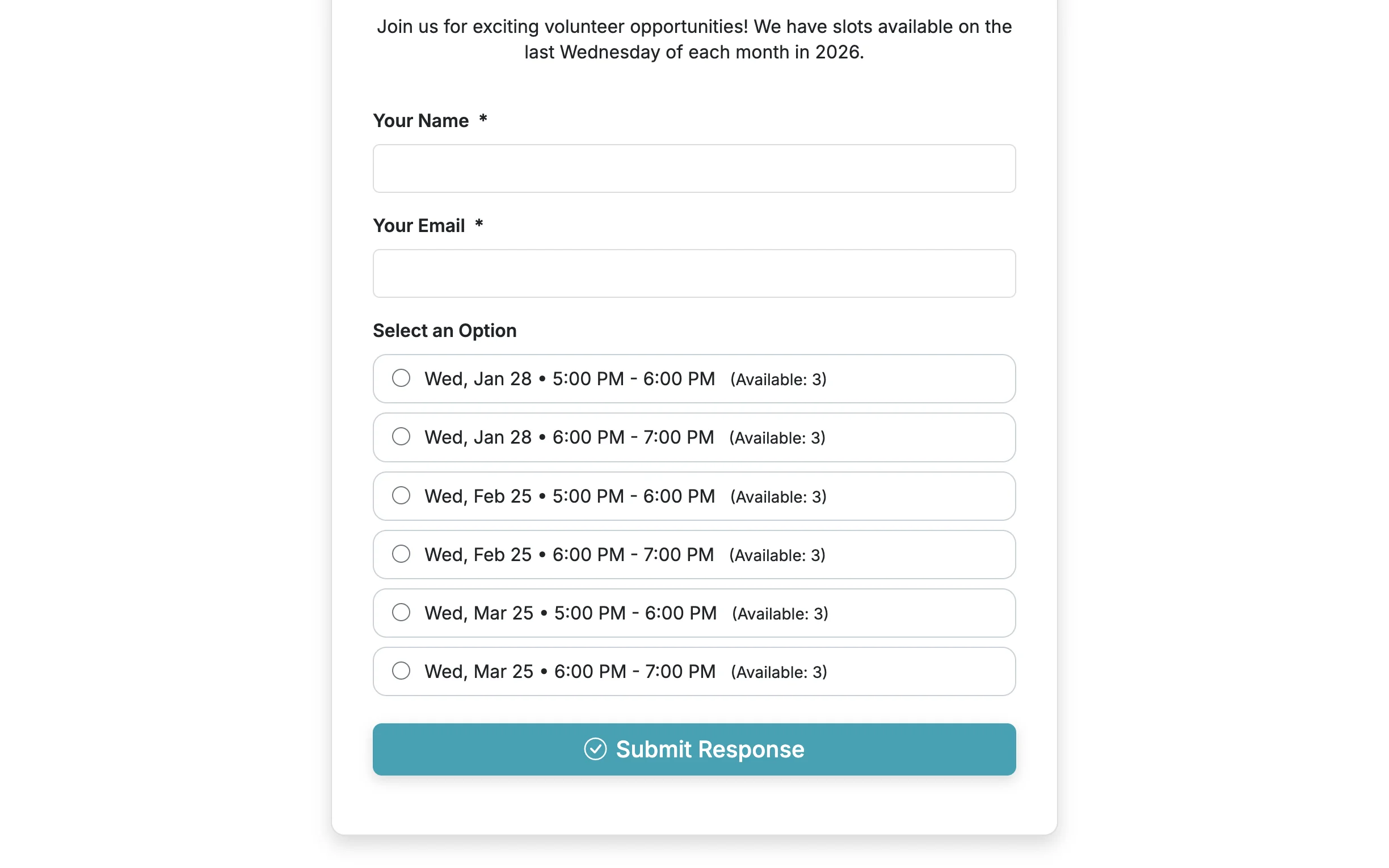 Screenshot showing For this form (created in mid-December 2025), we set the form to only show the next 100 days of options, and hide any past options. So, the options available only show options with date attributes in the next 100 days.