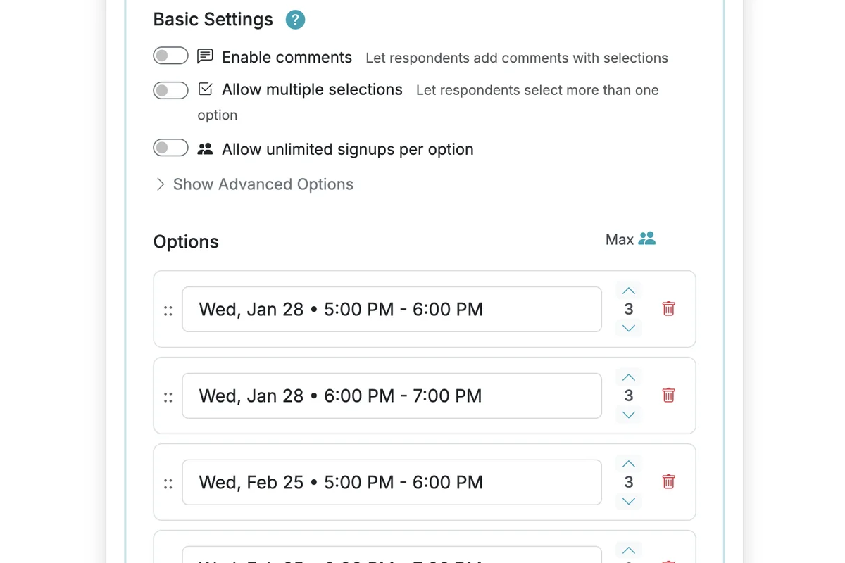 Screenshot showing For this form, we have 2 options listed for the last Wednesday of every month in 2026 (24 total options over 12 months). Each option can accept 3 signups.