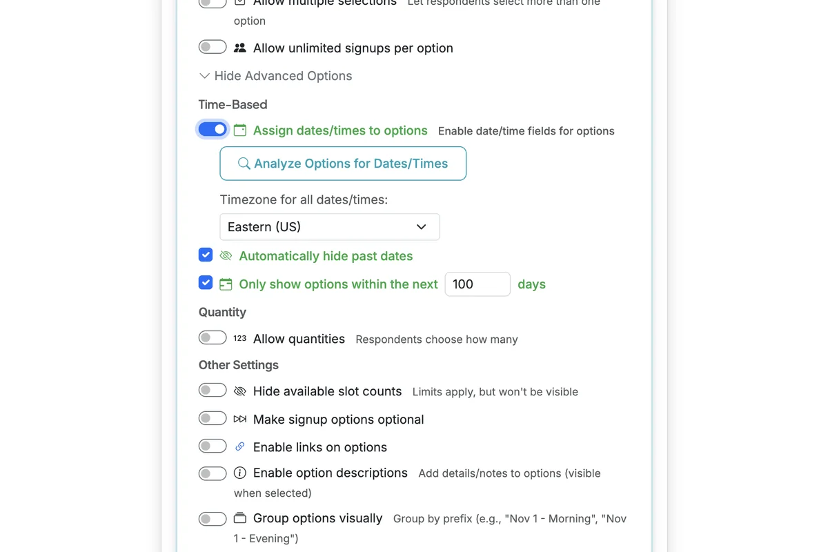 Screenshot showing To save dates/times as an attribute for each option, we click Show Advanced Options, then select 'Assign dates/times to options'. That also allows us to set 'Automatically hide past dates' and 'Only show options within the next [100] days'.