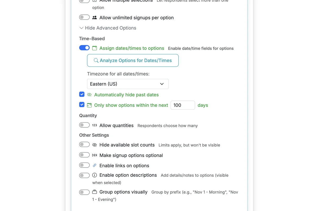 Screenshot showing We will also click 'Analyze Options for Dates/Times' to have AI read each option label and propose a date/time that we can review for accuracy as the date/time attribute for each option.