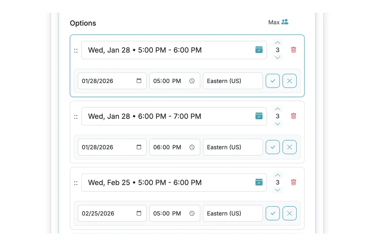 Screenshot showing AI will use the information in the option label as well as any saved info in the Event Details and Form Description to try and set dates/times for options. ALWAYS REVIEW ALL DATES/TIMES, especially YEARS since AI is not always correct.
