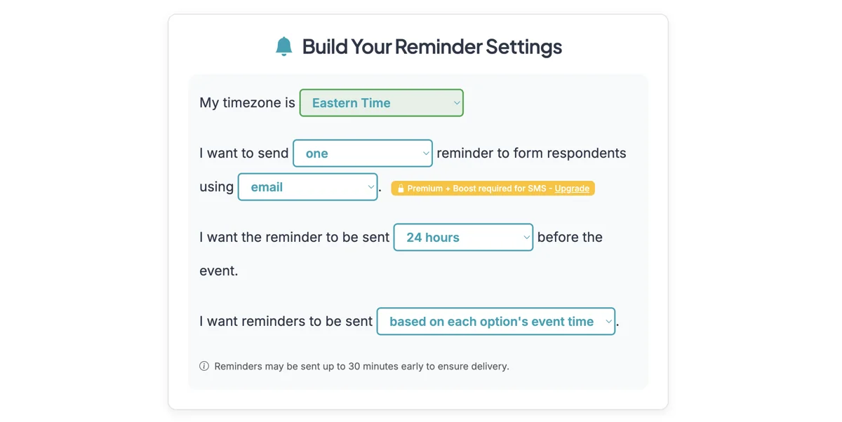 Screenshot showing To setup Reminders, go to the Form Options page, scroll down to Form Settings and click 'Setup' on Automatic Reminders. That will take you to this setup page for Automatic Reminders.