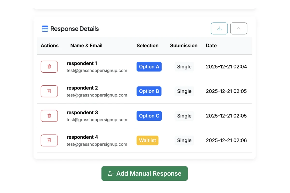 Screenshot showing You can view waitlist responses alongside other responses on the Responses page in the 'Response Details' section.