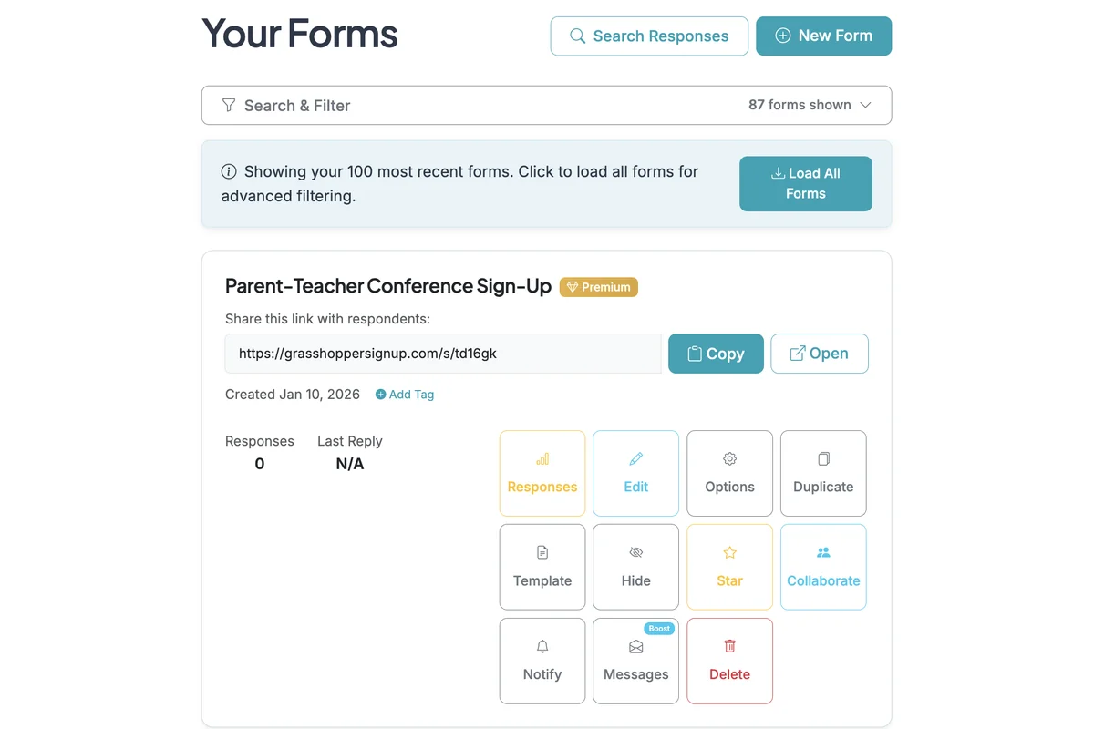 Screenshot showing Start on your dashboard. To create a template from an existing form, click the Template button.