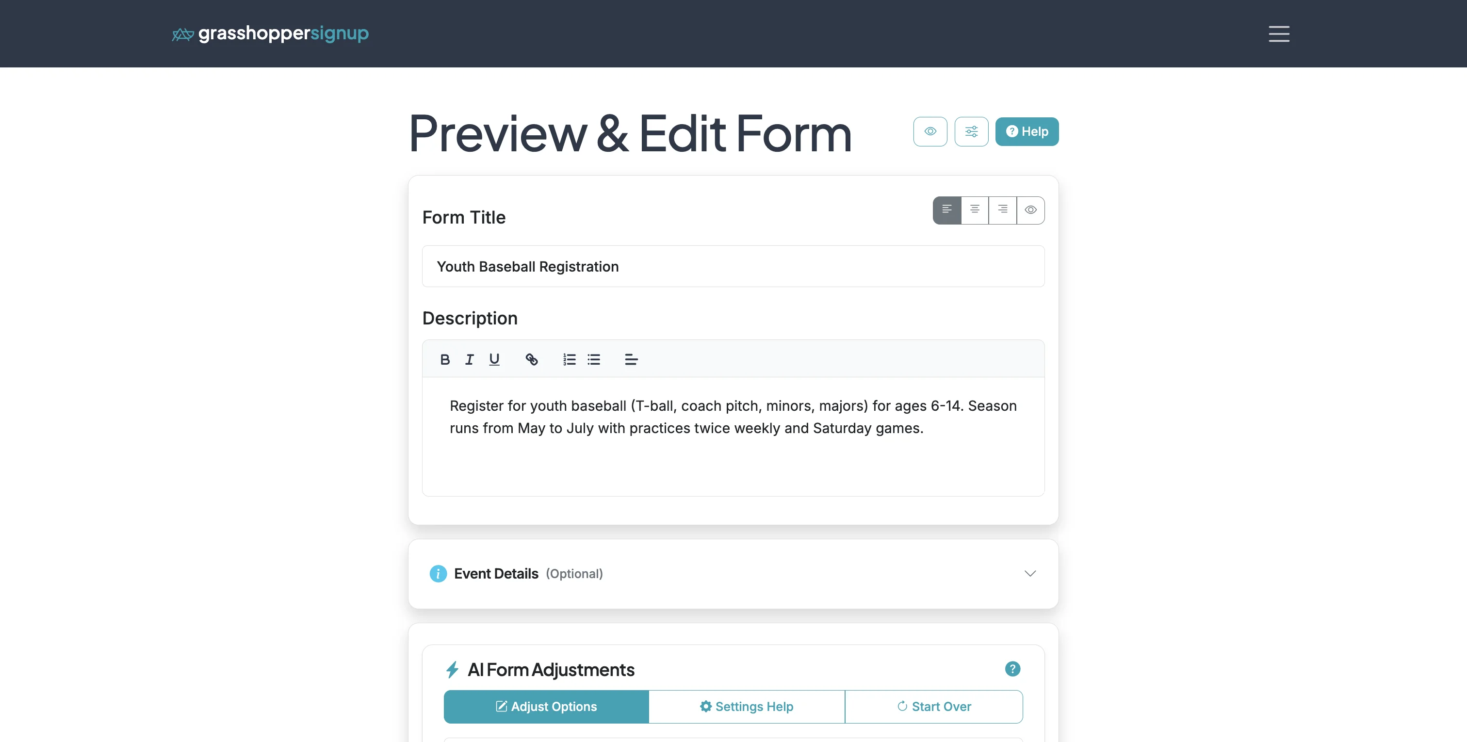 Screenshot showing Start on the Edit page for your form.