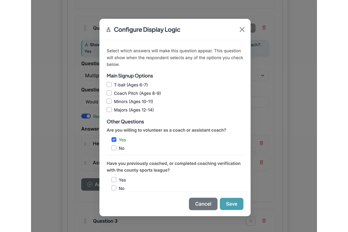Screenshot showing When you click the logic button, a modal will open, allowing you to configure conditional logic. Selecting an answer option to other questions will SHOW the question you are applying logic to if ANY of the answer options you choose are selected by a respondent. If you use conditional logic, your question will be hidden unless/until a form respondent has selected the options you have chosen for conditional display.