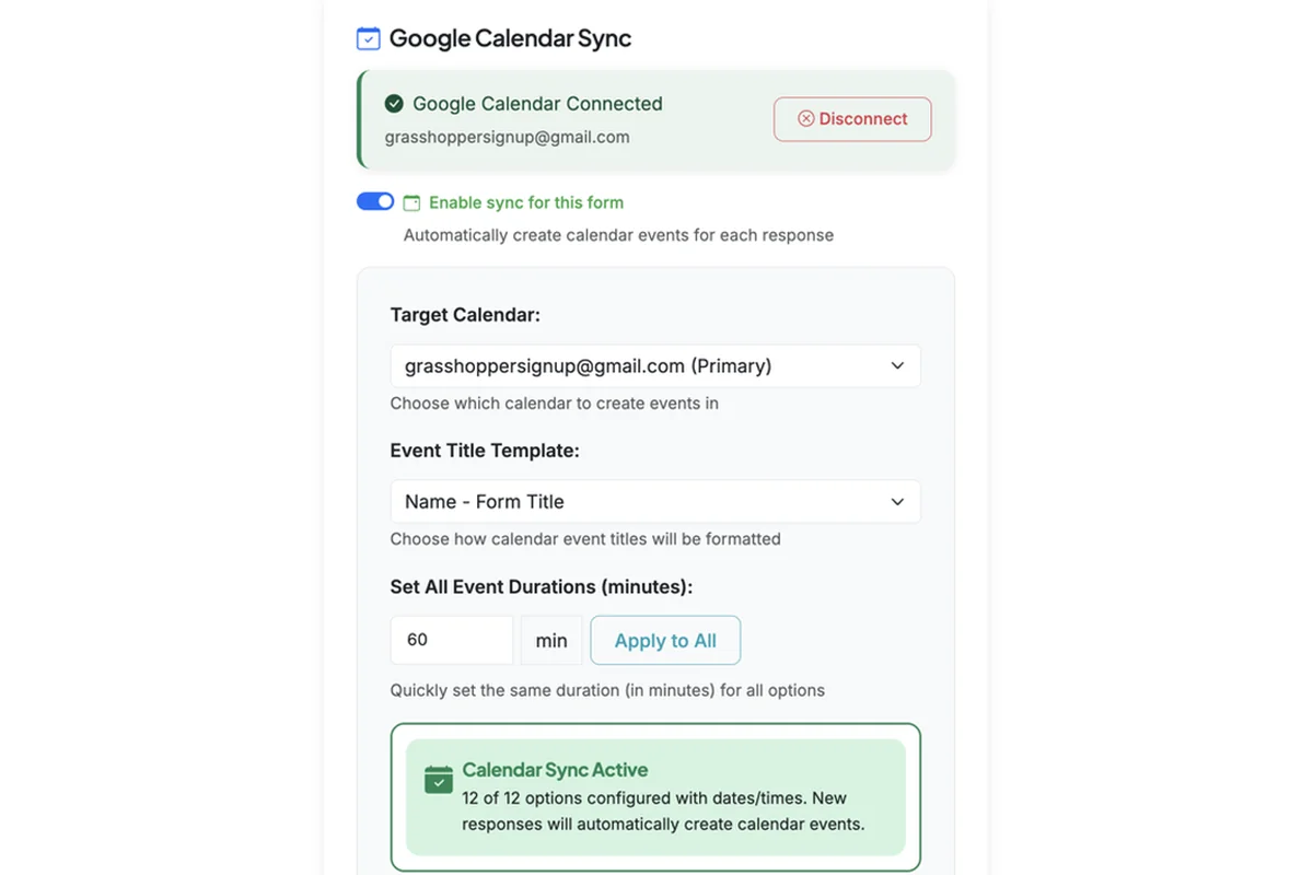 Screenshot showing After you have connected a Google account with calendar permissions, you can 'Enable sync for this form'. This will enable syncing and open the configuration options.