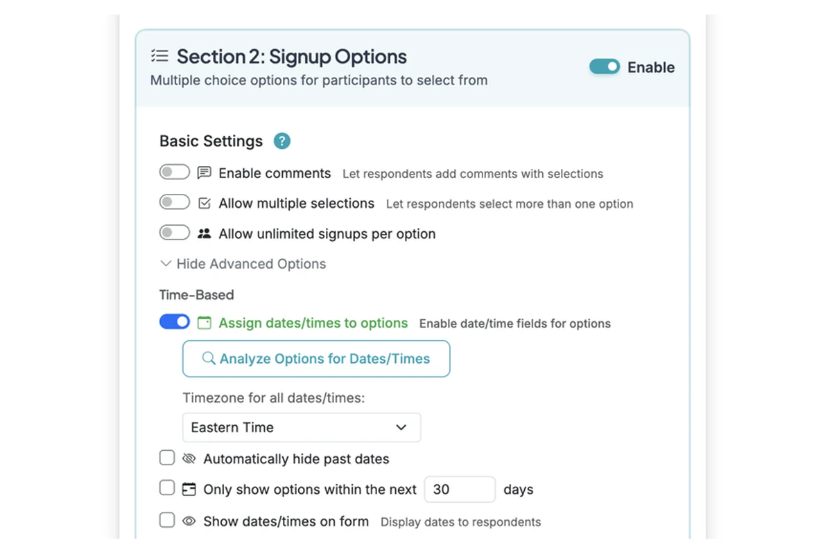 Screenshot showing Calendar syncing requires dates/times to be set on options to sync them. You can find this option on the Edit page for your form in Advanced Options.