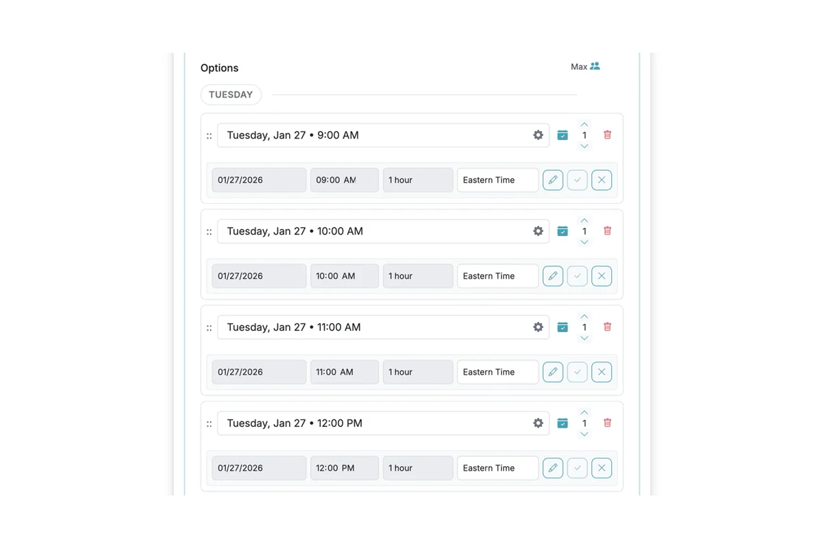 Screenshot showing After you enable dates/times, you can have AI scan the form to try and parse dates times. You can also manually configure dates/times. Make sure to save dates/times and check them thoroughly. A teal calendar check mark will indicate that dates/times are saved.
