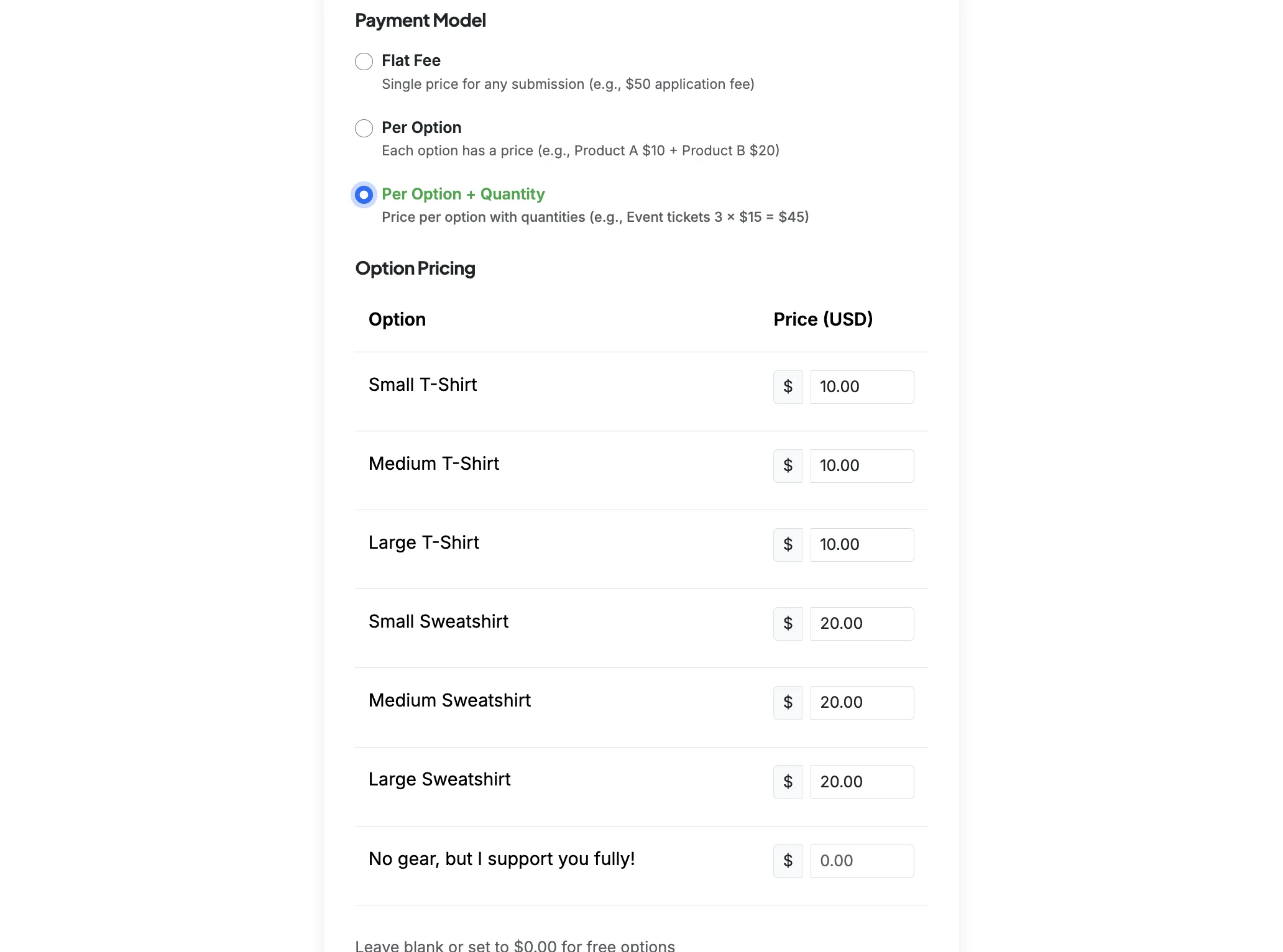Screenshot showing You can also charge PER OPTION or PER OPTION + QUANTITY. This allows you to set prices based on form options, and can work with quantities (must have quantities enabled on your form).