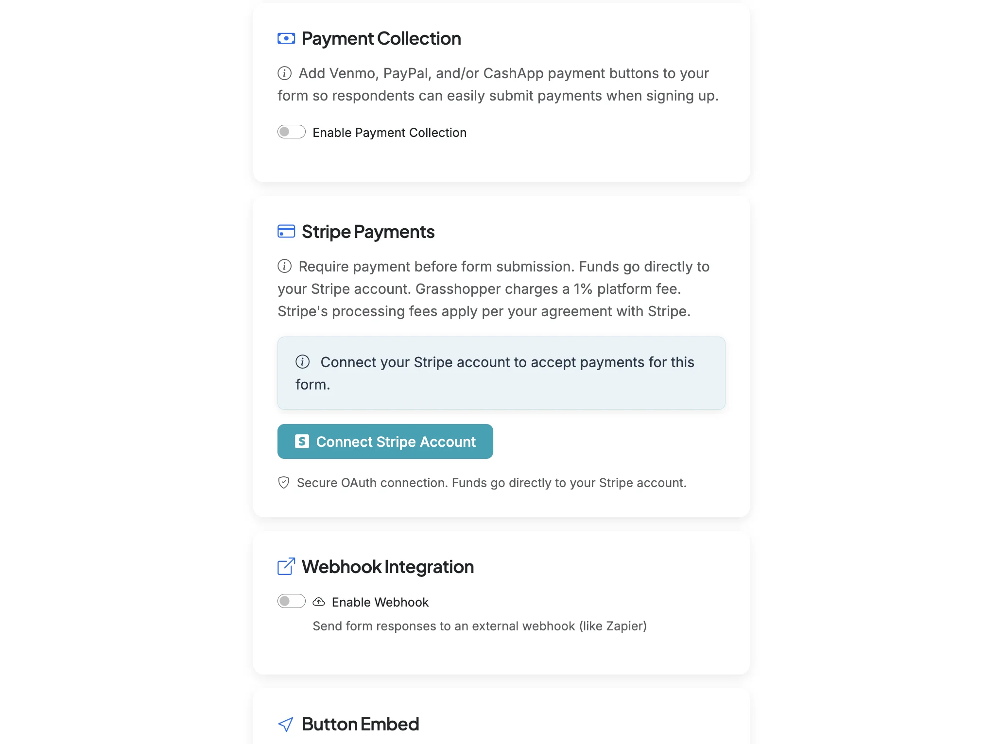 Screenshot showing Scroll down to the Stripe Payments section. Click 'Connect Stripe Account' and connect your Stripe account and/or go throught the Stripe onboarding process.