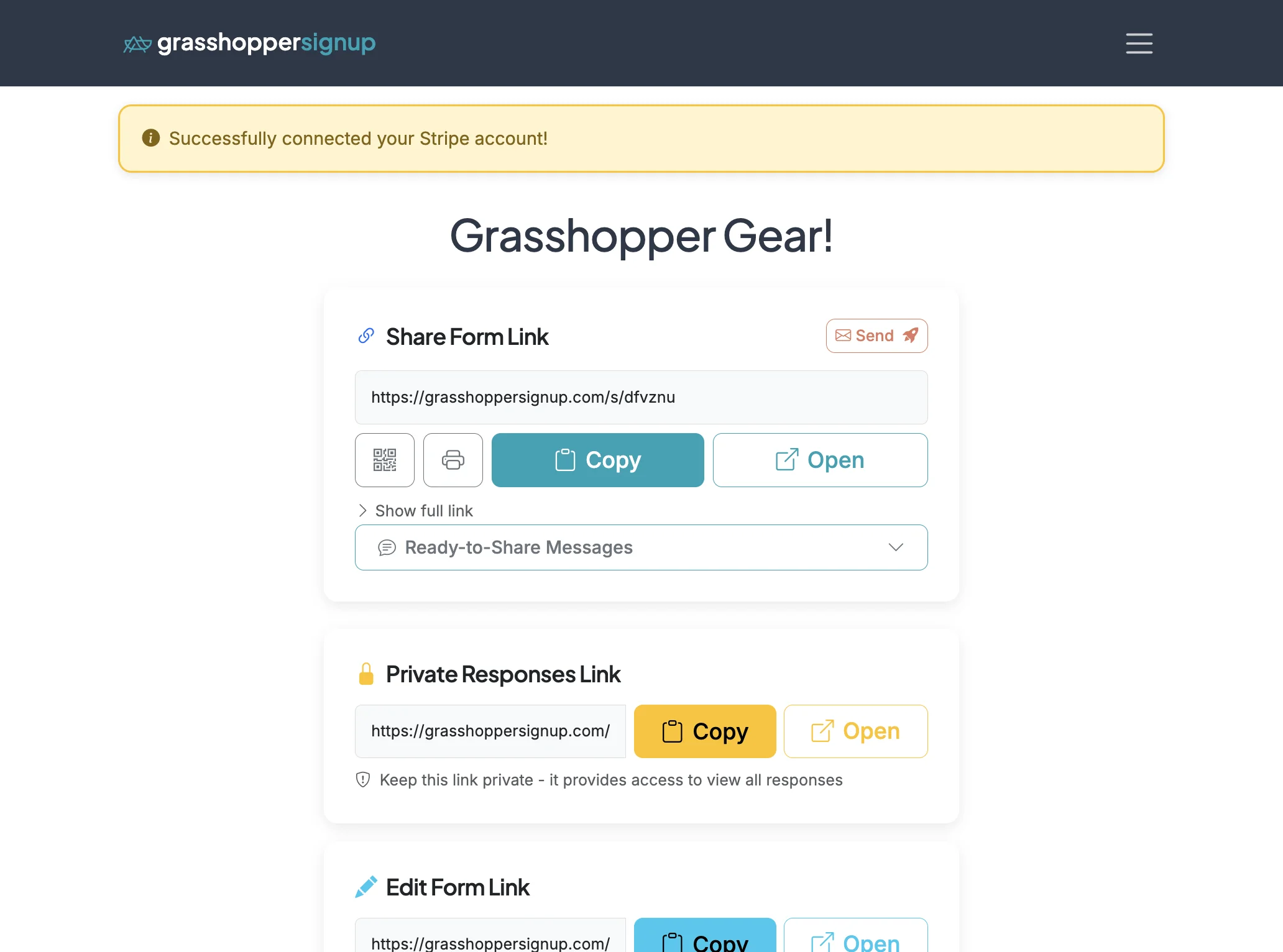 Screenshot showing After your Stripe account is connected, you will be able to collect payments on any form for your account.