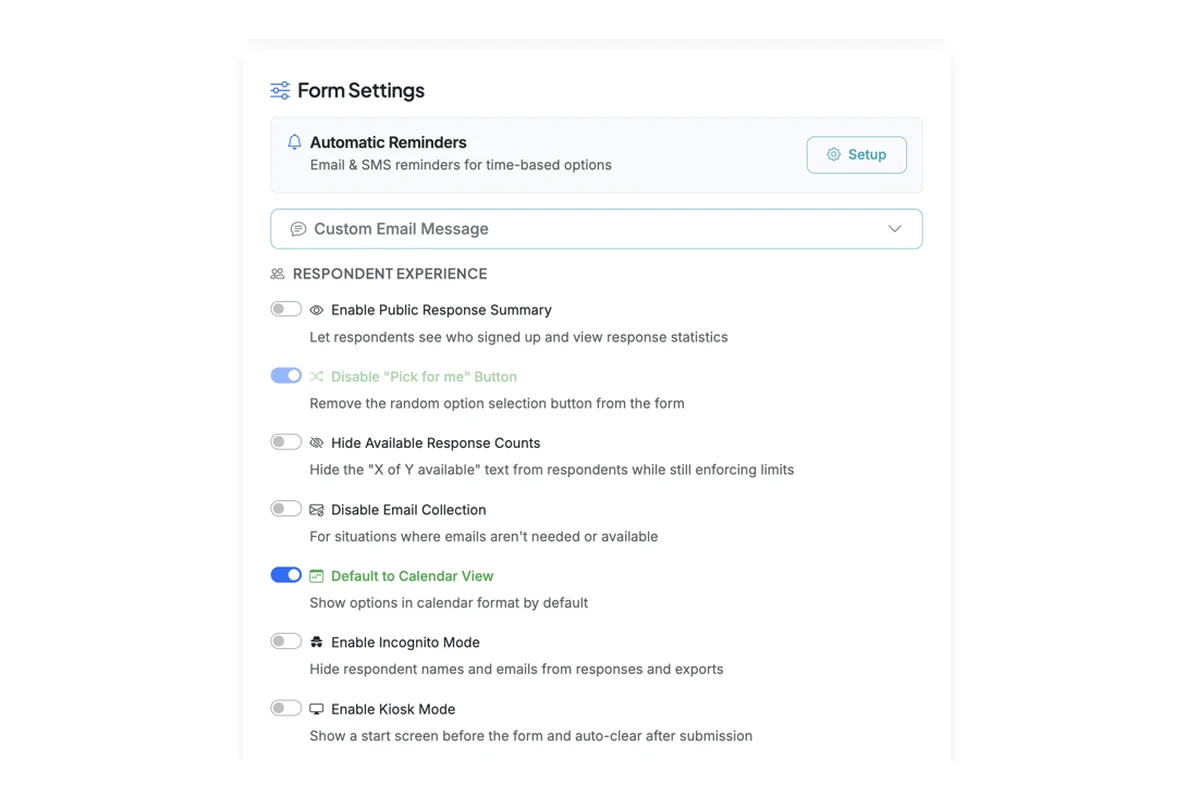 Screenshot showing In the Respondent Experience section of Form Settings, enable the 'Default to Calendar View' toggle.