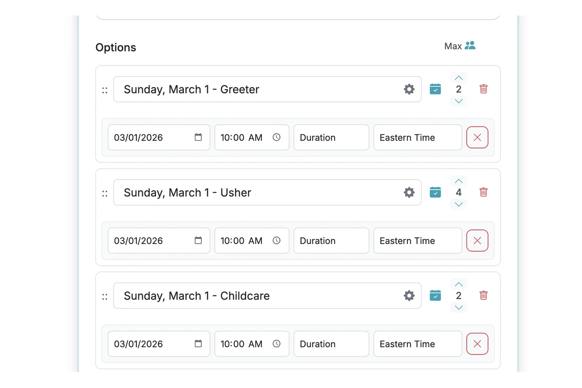 Screenshot showing Configure the dates, times, and durations (optional) for your options. Duration will allow you to prevent multiple responses with overlapping times even if they do not have the same start time. You can also use 'Analyze Options for Dates/Times' (see step above) if you have enough context in the form for AI to propose dates/times/durations.