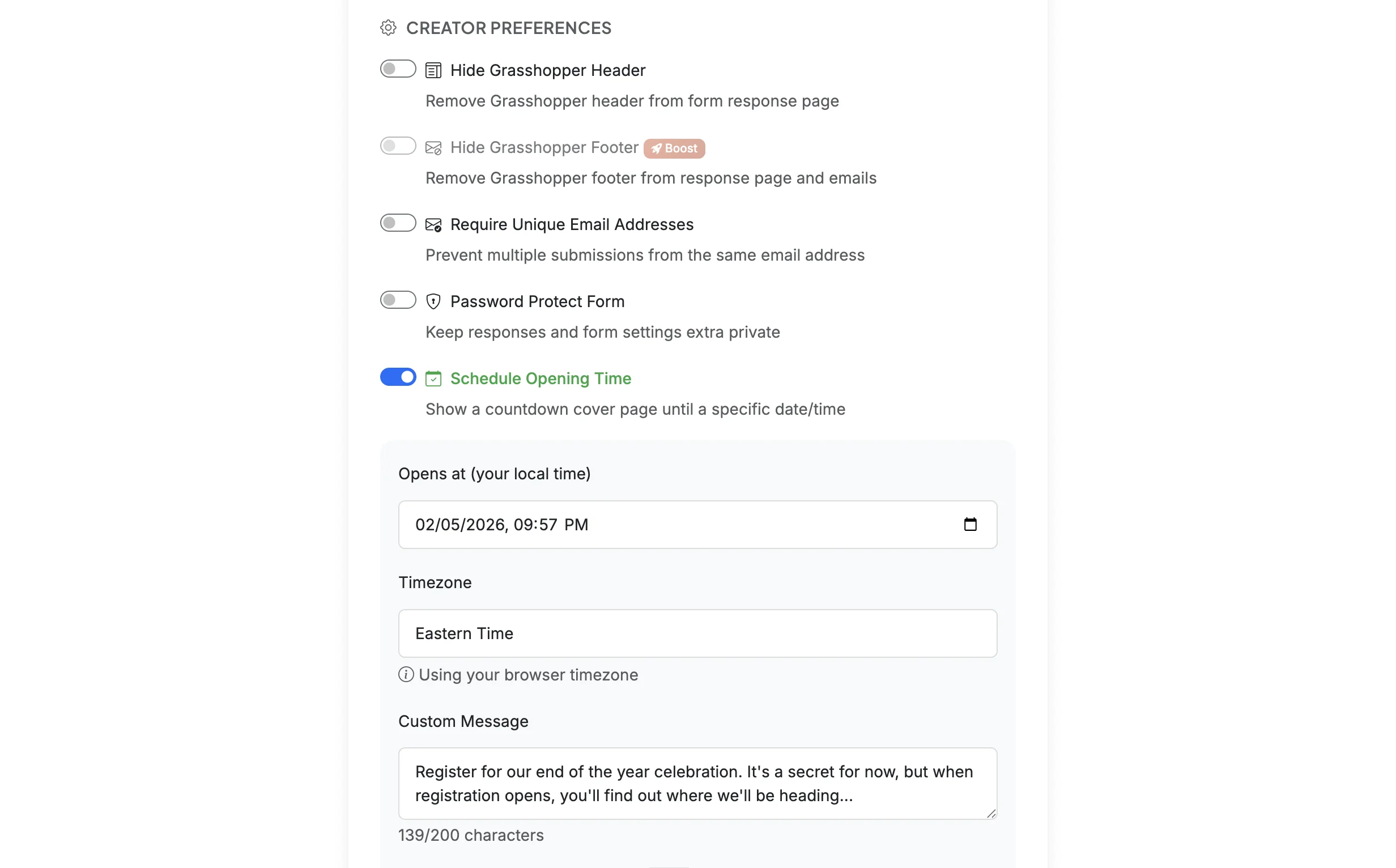 Screenshot showing Scroll down to CREATOR PREFERENCES and enable the 'Schedule Opening Time' option.