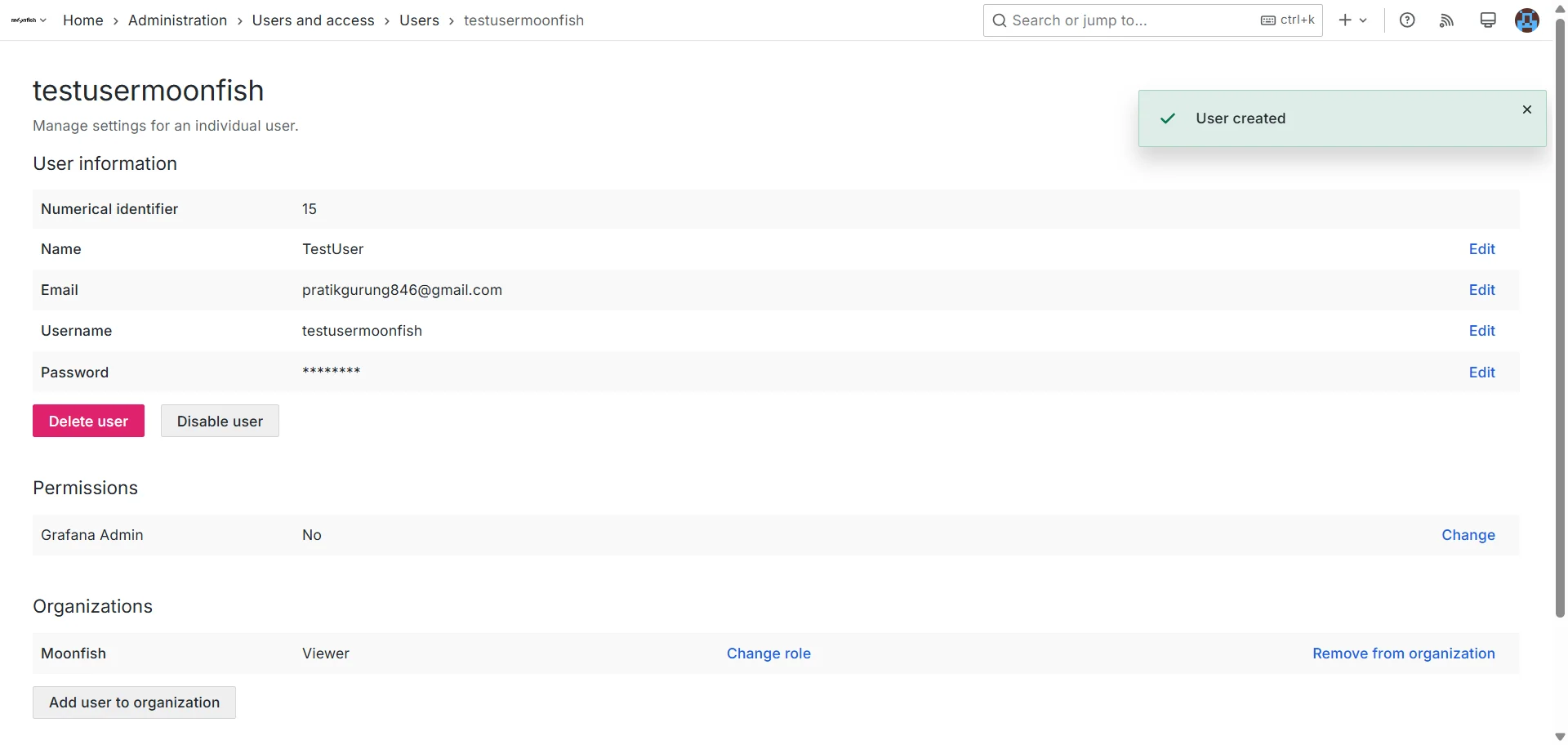 Screenshot showing Nu is de user aangemaakt