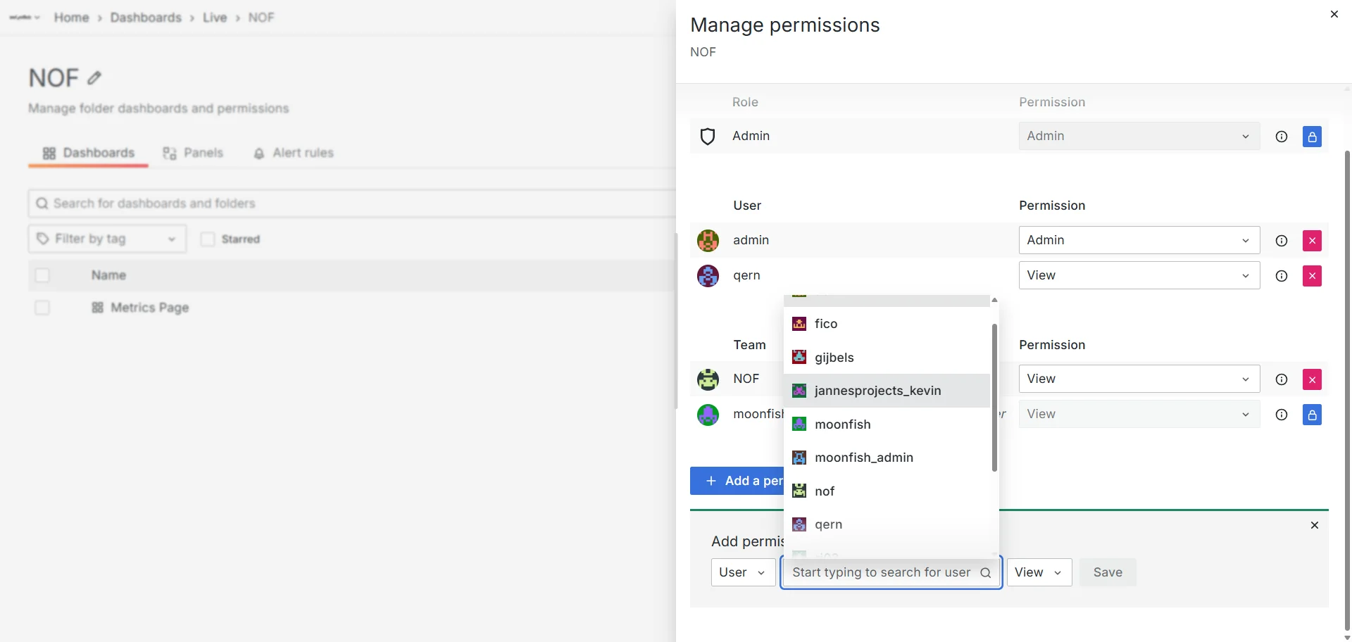 Screenshot showing Vervolgens kiest u welke gebruiker of welk team u rechten wilt verlenen