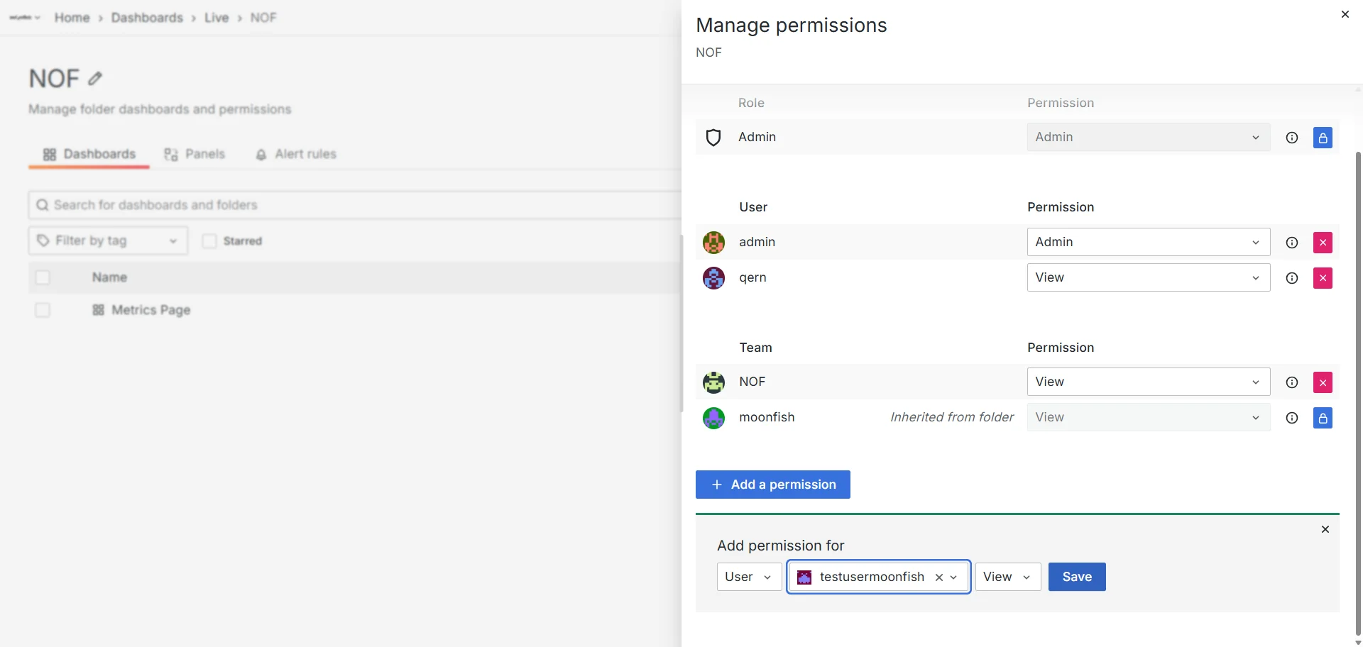 Screenshot showing Vervolgens kiest u welke rechten (view, edit, admin) en klikt u op save