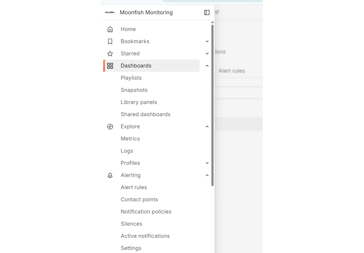 Screenshot showing Vervolgens klikt u in het zijmenu op "dashboards"