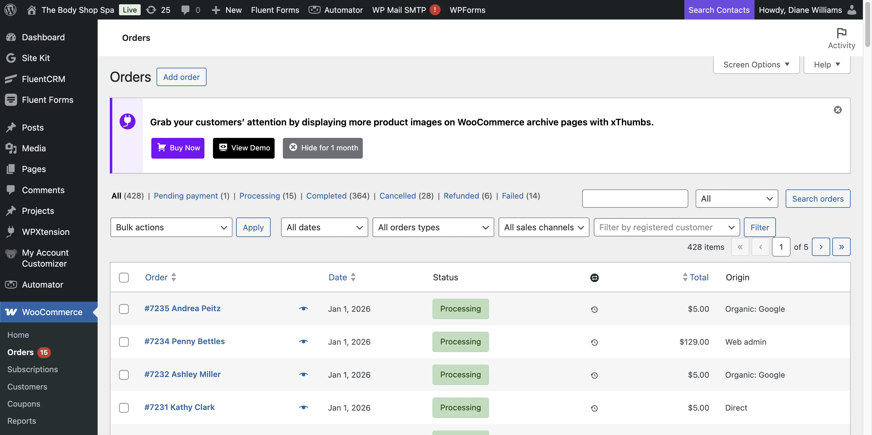 Screenshot showing Here is the most recent renewals with the newest ones first. You can see the customer name, when it was renewed, the total charged.