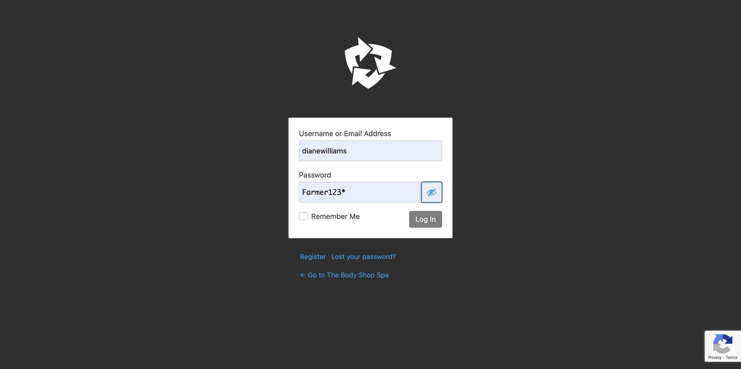 Screenshot showing Here is username and password