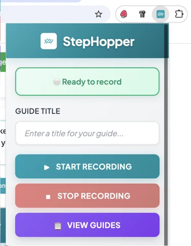 Screenshot showing Click the extension to start recording a guide. Make sure you are on the tab you want to record. If you need to switch tabs during your recording, go to the new tab and click the extension again to switch tabs.