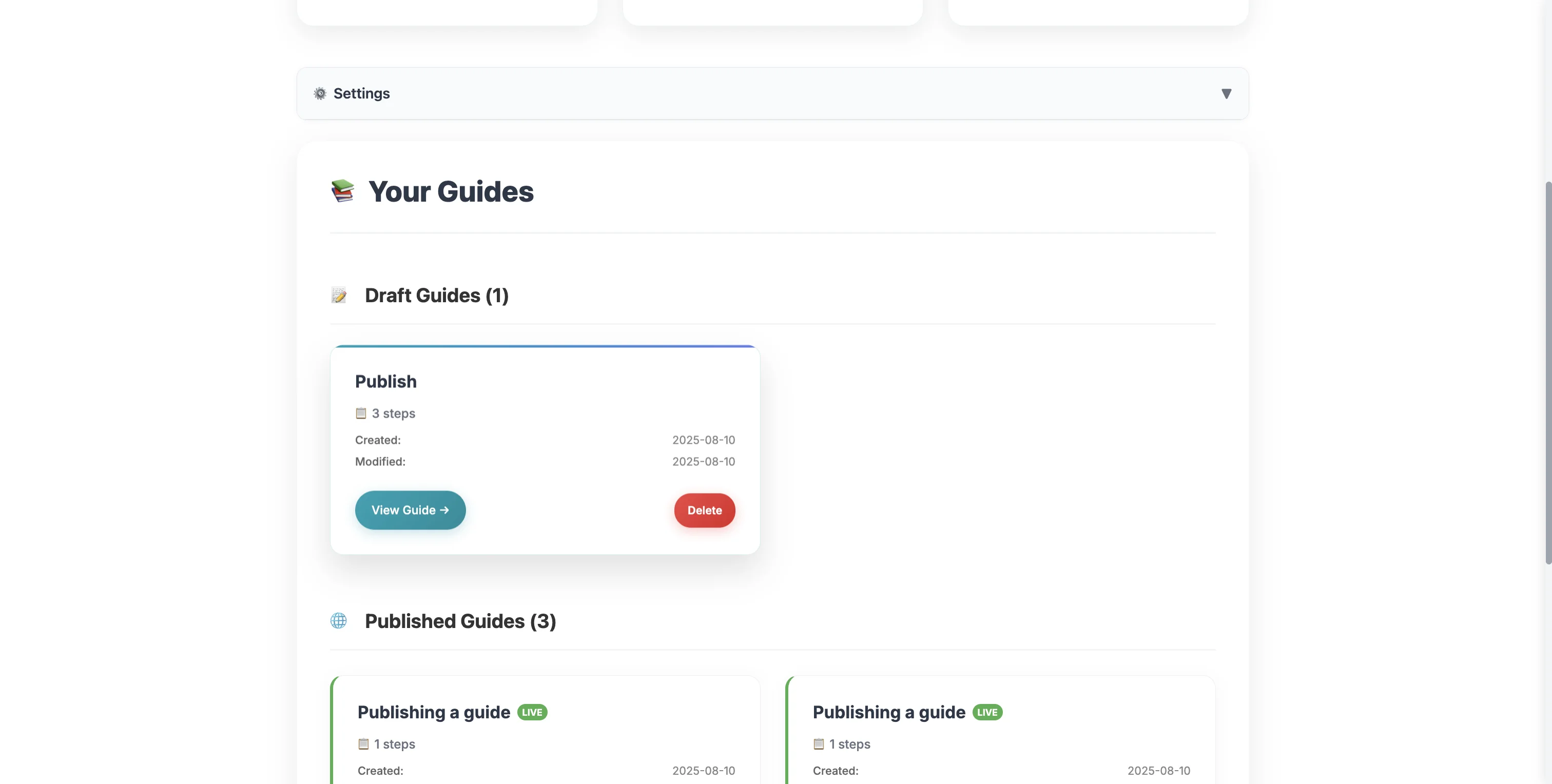 Screenshot showing In your Dashboard, scroll to one of your Draft Guides and View Guide