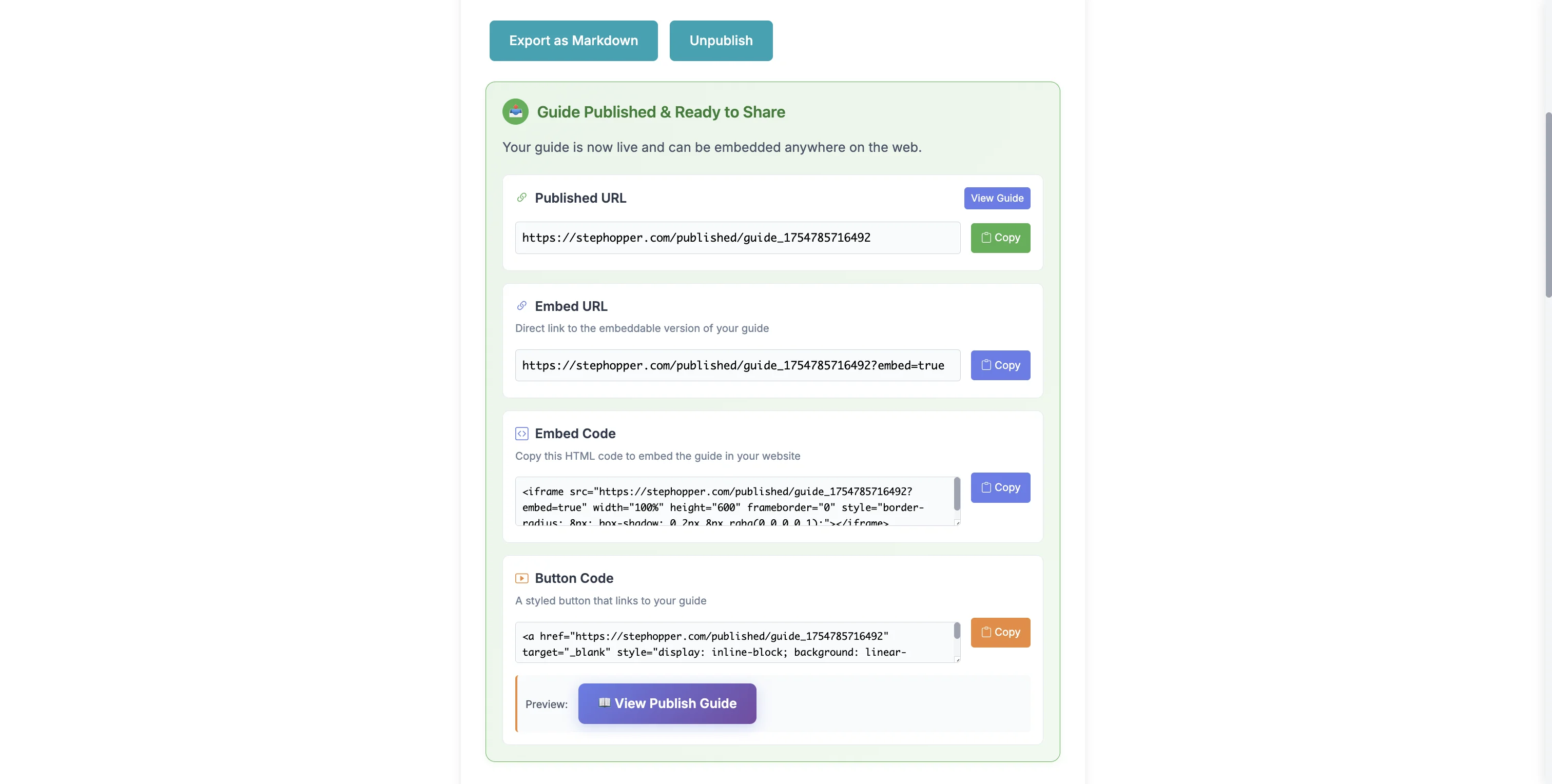 Screenshot showing Publishing the guide will generate links for a shareable URL, embed URL, embed code, and an embeddable button