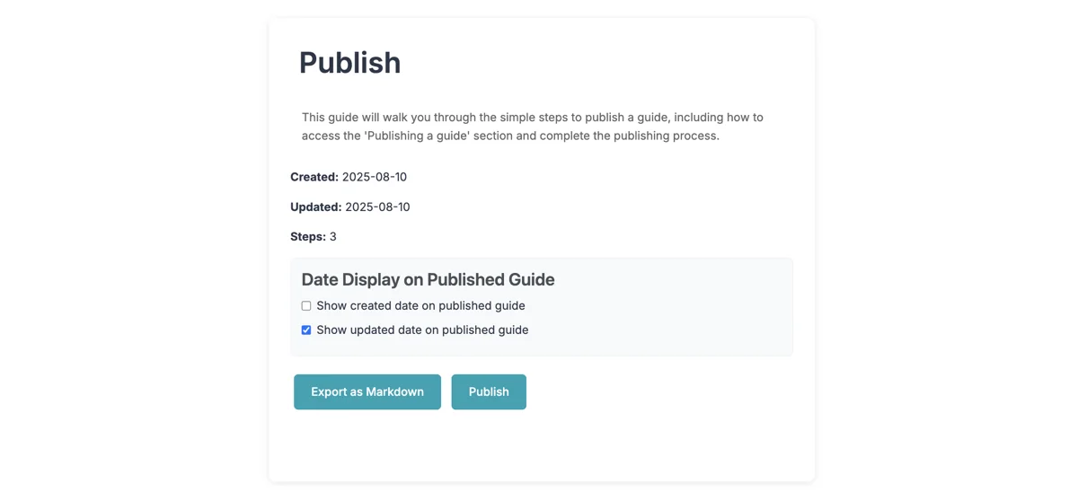 Screenshot showing Click on Publish to publish the guide