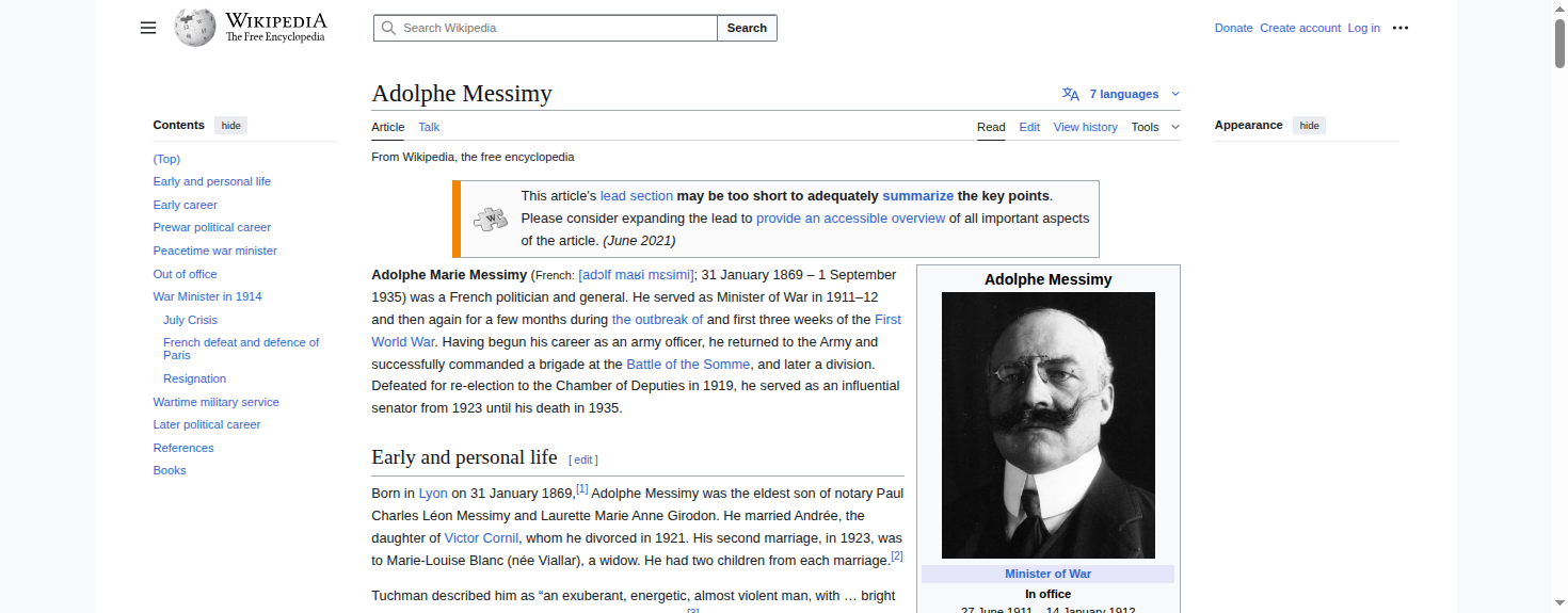 Screenshot showing Click on 'Adolphe Messimy'