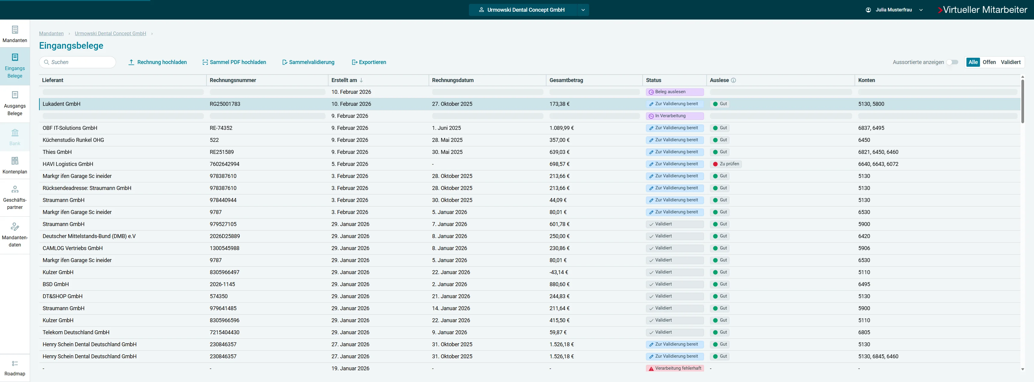 Screenshot showing Zur Validierung bereite Rechnung aufrufen