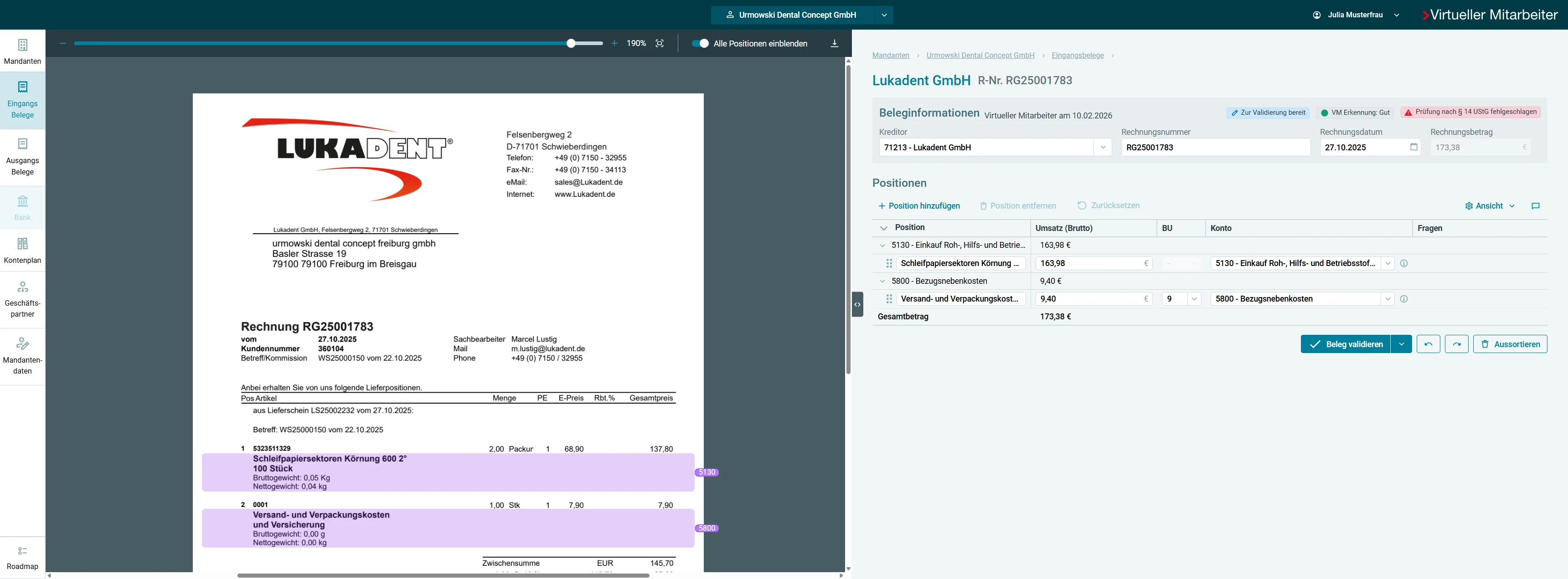 Screenshot showing Rechnung bearbeiten