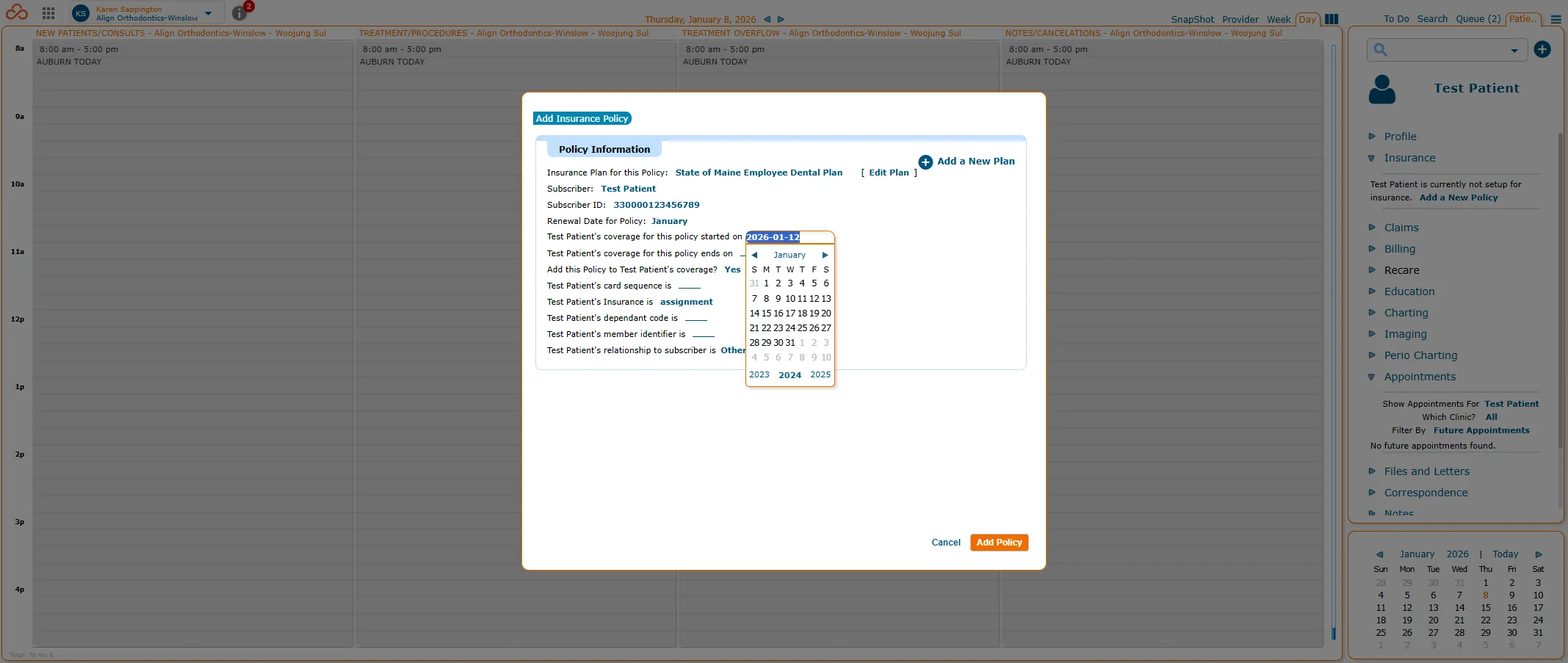 Screenshot showing Click the date and change it to the date the policy became active. Also, if needed, change the renewal date to correct renewal month (this is rare, but does occur sometimes - if uncertain leave as January for now). You can click on the years on the bottom to scroll through the years, and the arrows scroll through the months. You can also type the year exactly in this format: YYYY-MM-DD, including hyphens.