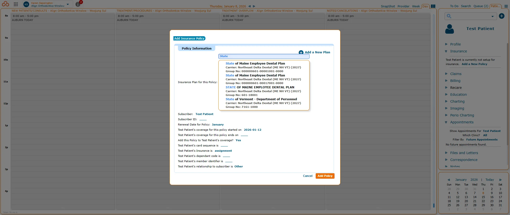 Screenshot showing Under "Insurance Plan for this Policy" start typing the Plan name (often plan name is the name of the employer). A list will appear if the plan exists. Verify the group number matches EXACTLY then select the plan from the list. If it does not appear in the list try entering the group number in that same text box to see if that works. **NOTE: If it still does not appear you will need to add a new plan. Please refer to other guide on How To Enter a New Insurance Plan and discontinue using this guide.