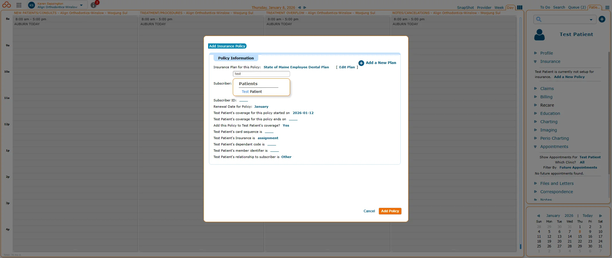 Screenshot showing Change subscriber to correct subscriber by typing their name then selecting them from the list. They will need to be added as a non-patient first (if they're already in Curve as a patient that's fine too). You can add them in a separate screen if you haven't already done so.